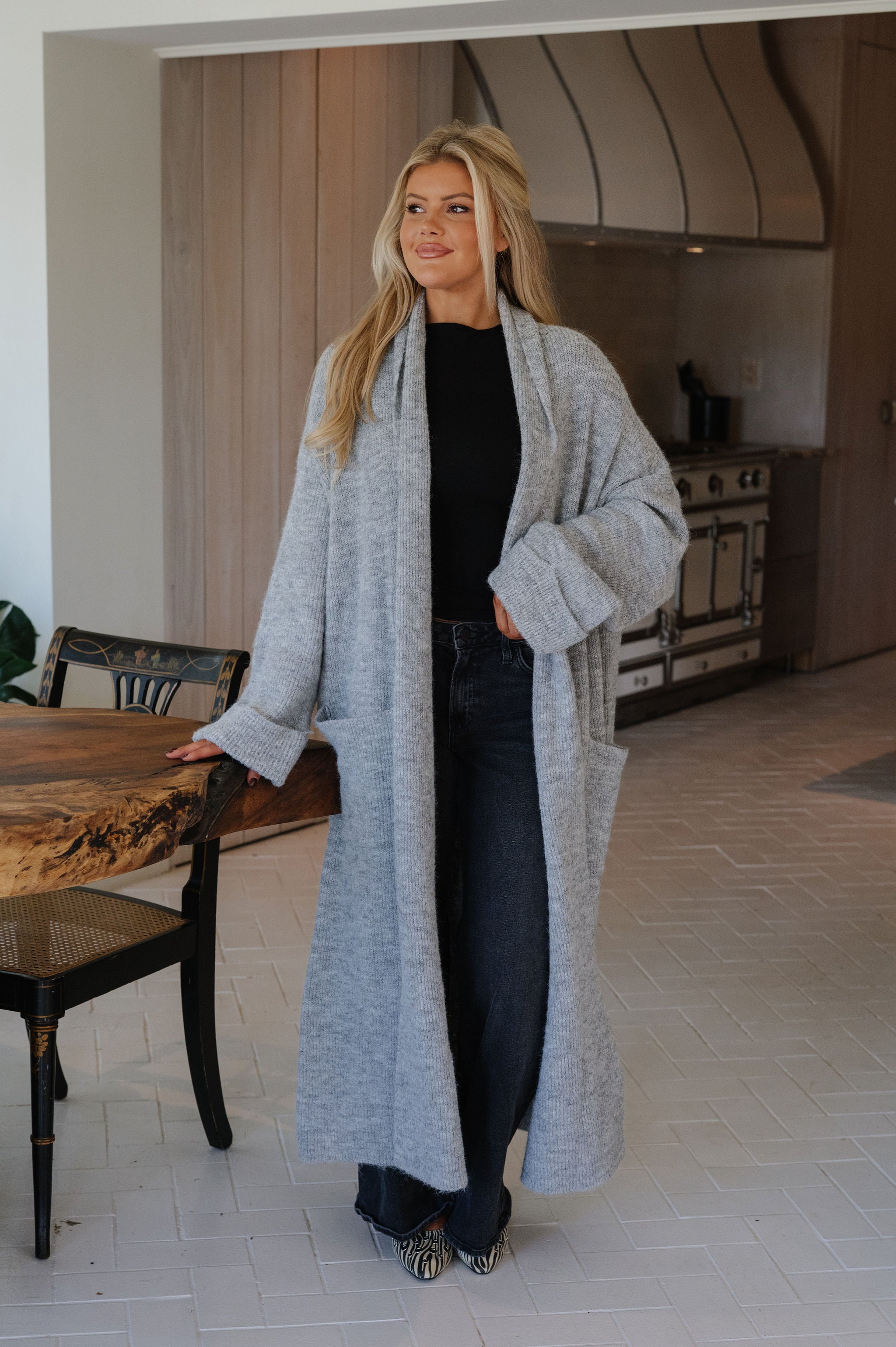 Shawl Collar Open Cardigan-Heathered Grey