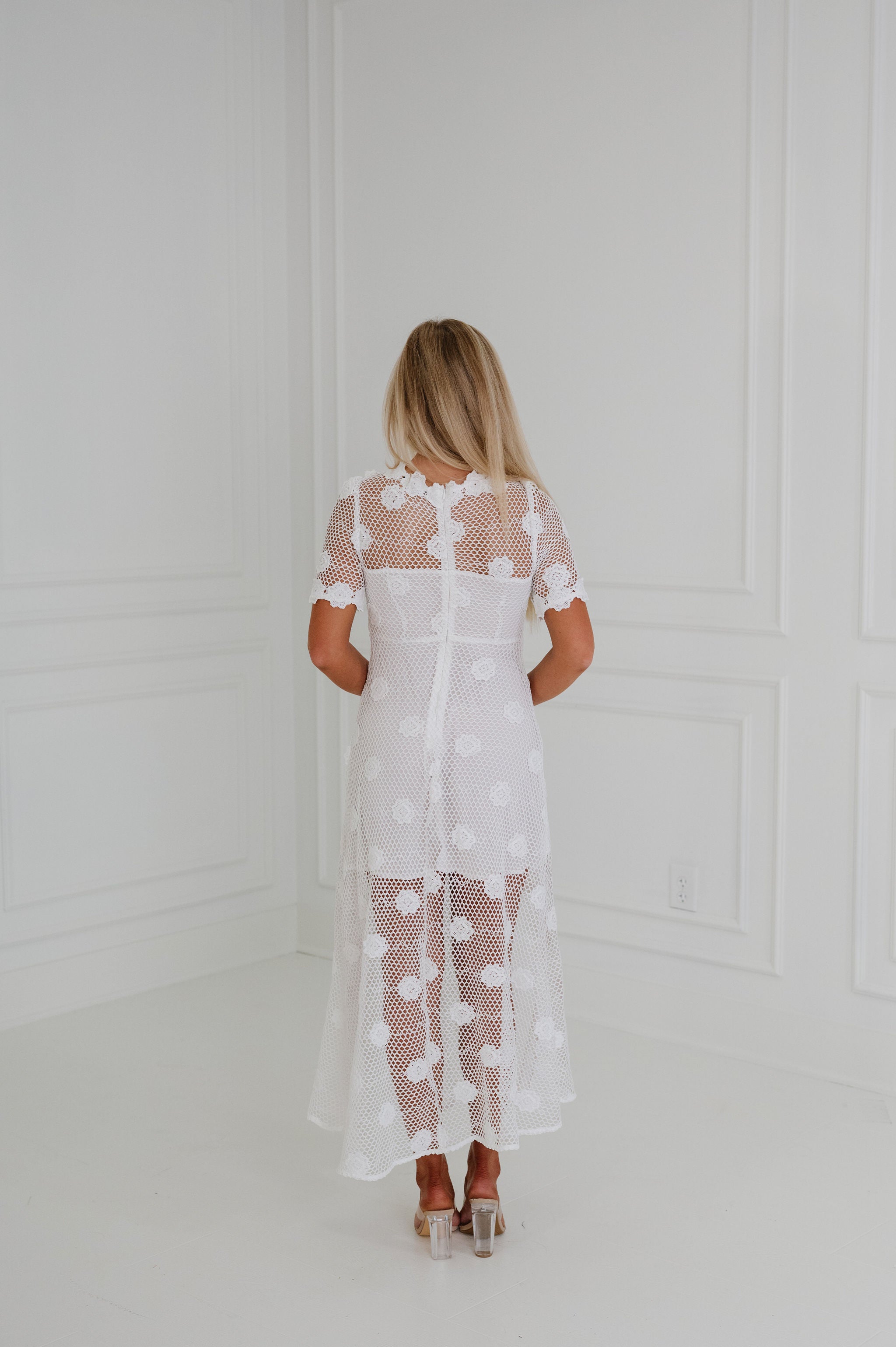 Romantic Floral Lace Sheer Midi Dress-White