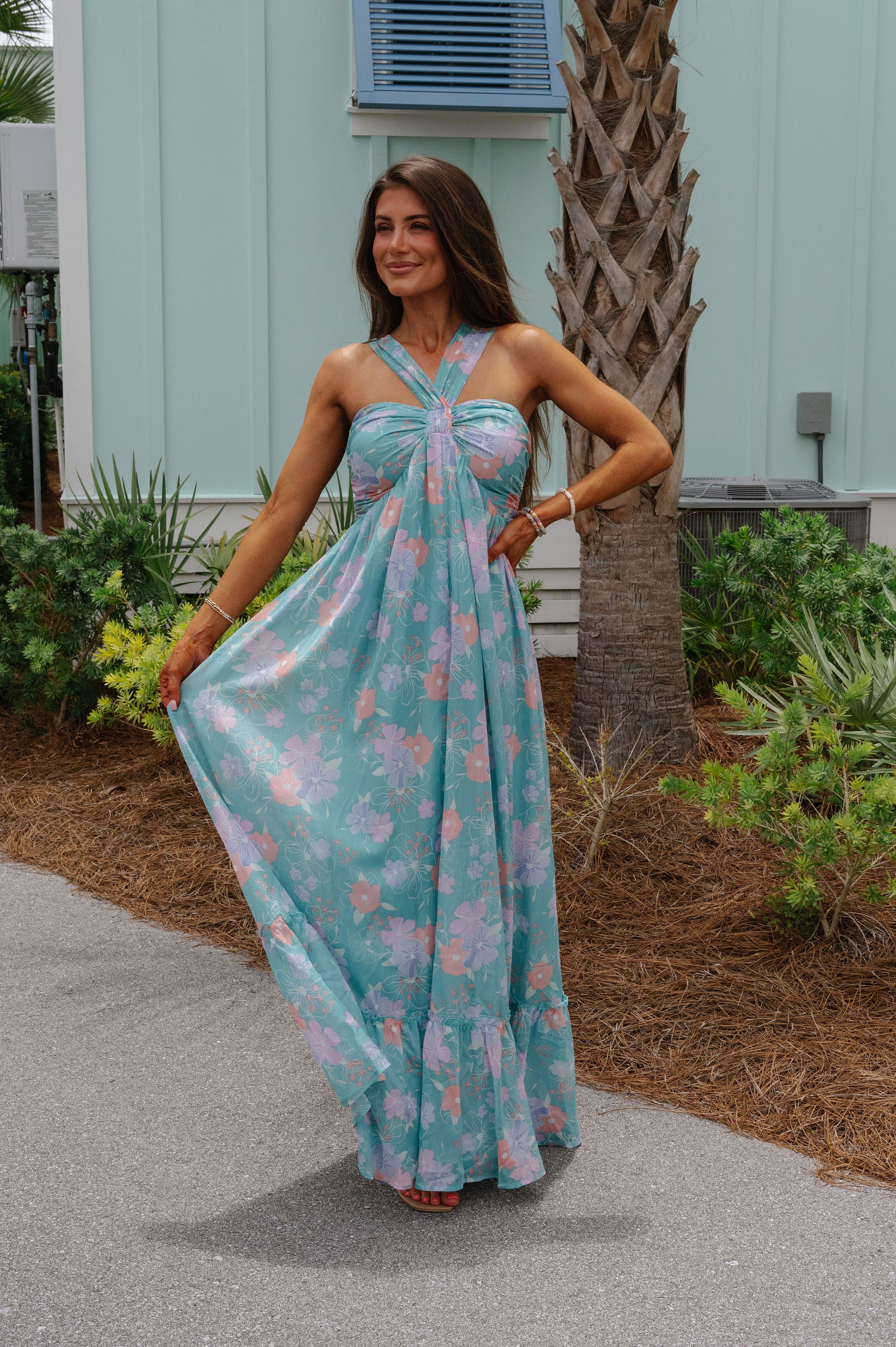 Floral Multi Halter Dress- Turquoise