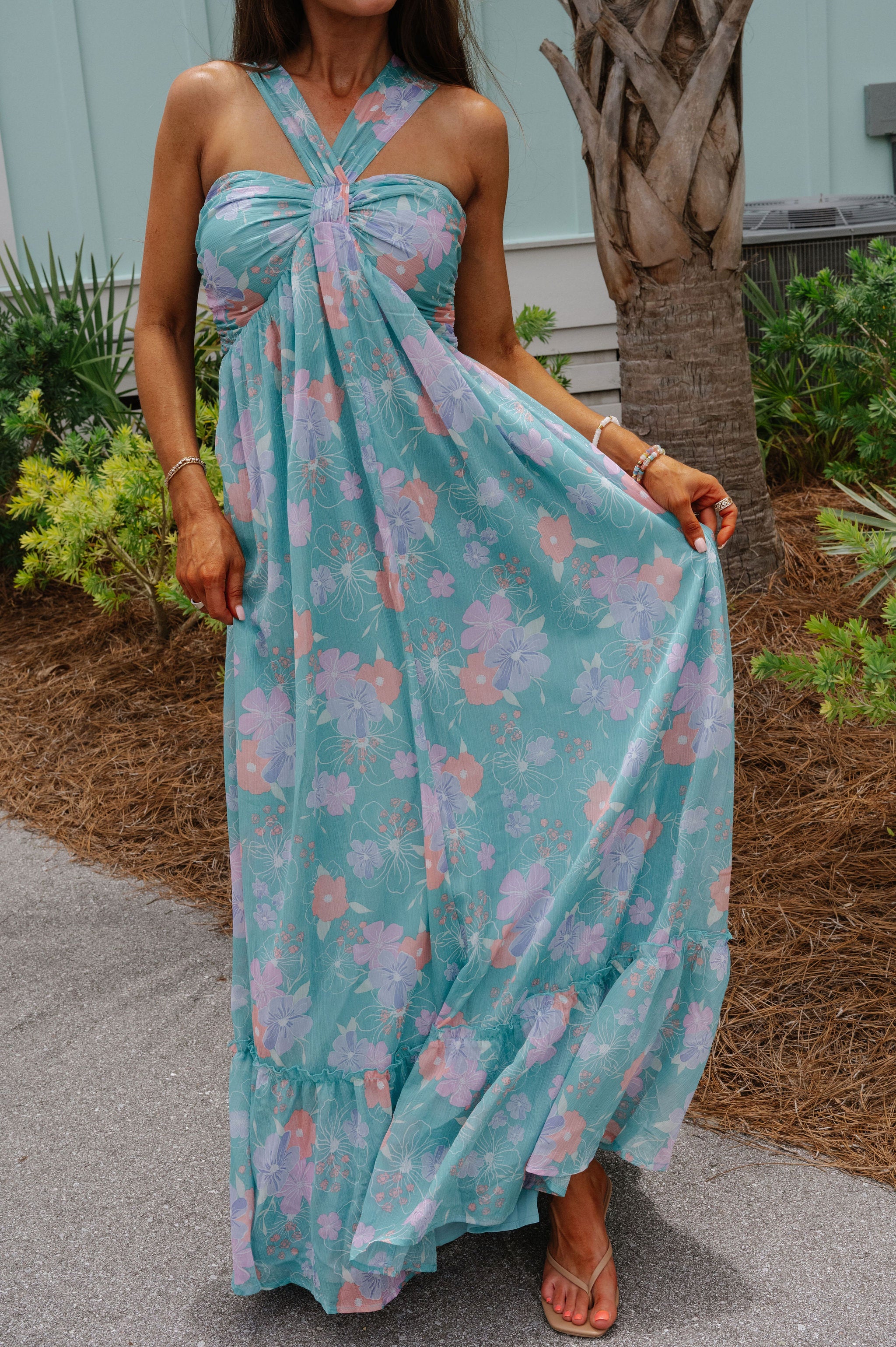 Floral Multi Halter Dress- Turquoise