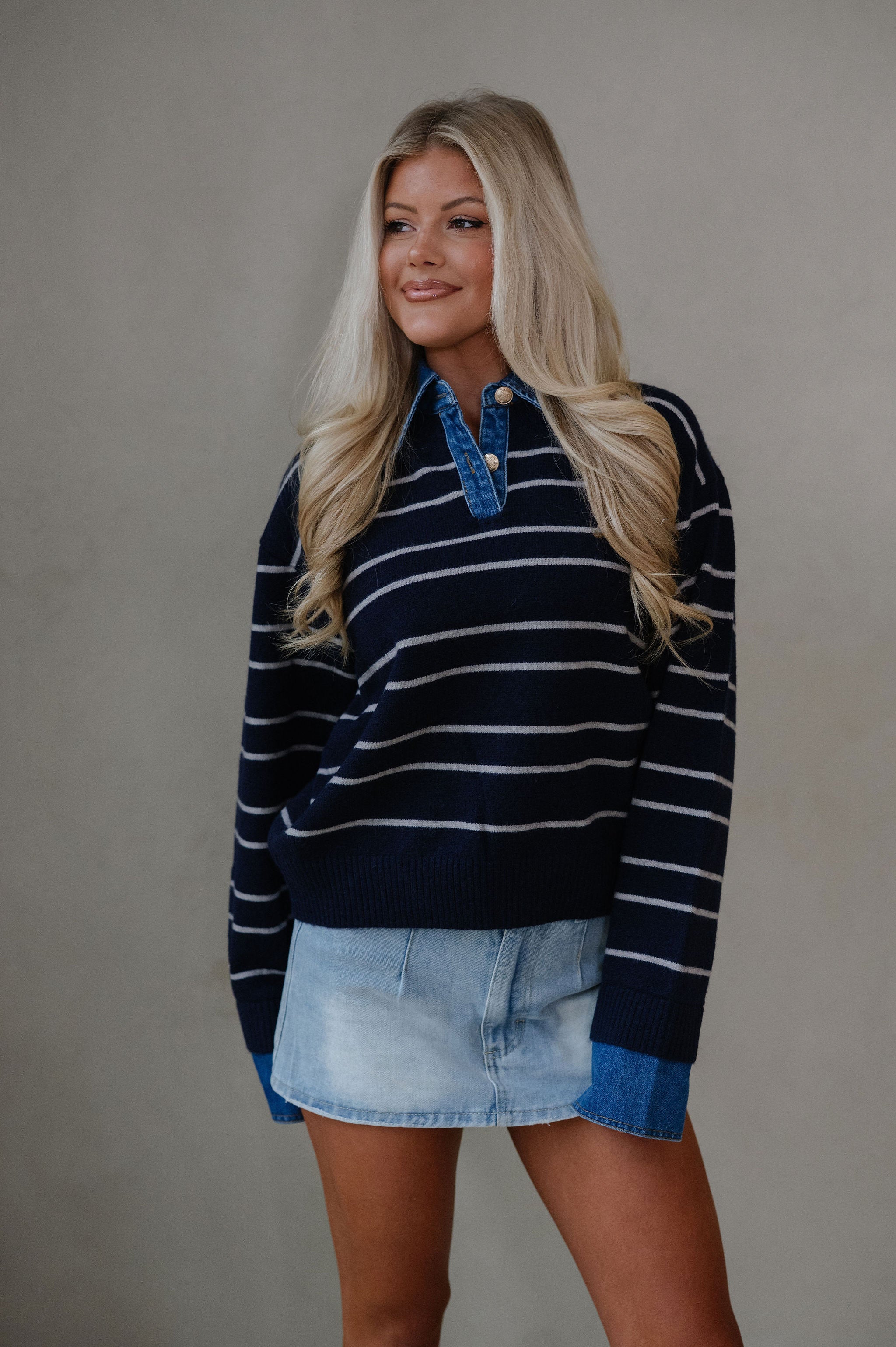 Charlie Stripe Denim Combo Top-Navy/Grey