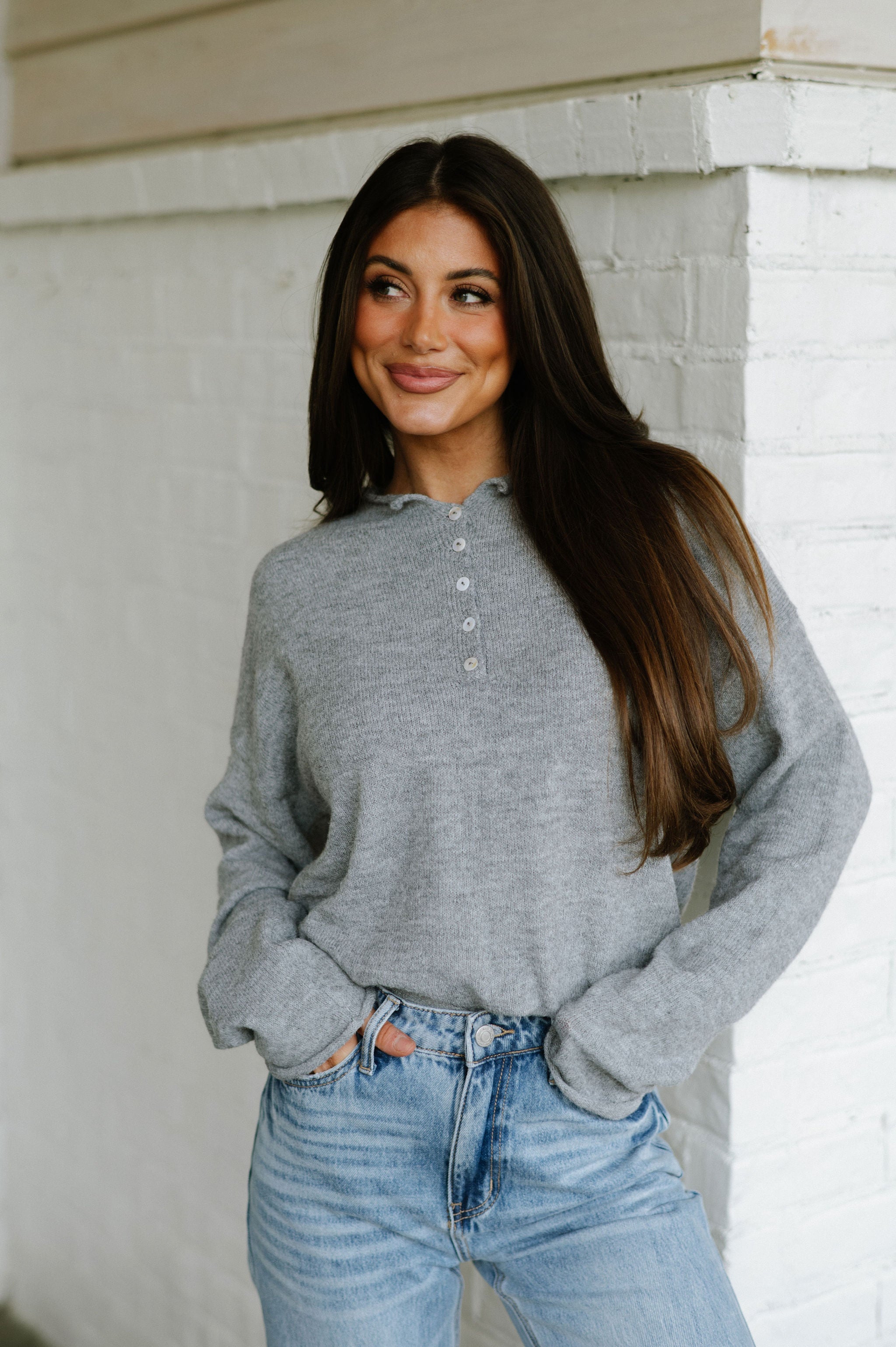 Heather Grey Quarter Button Sweater