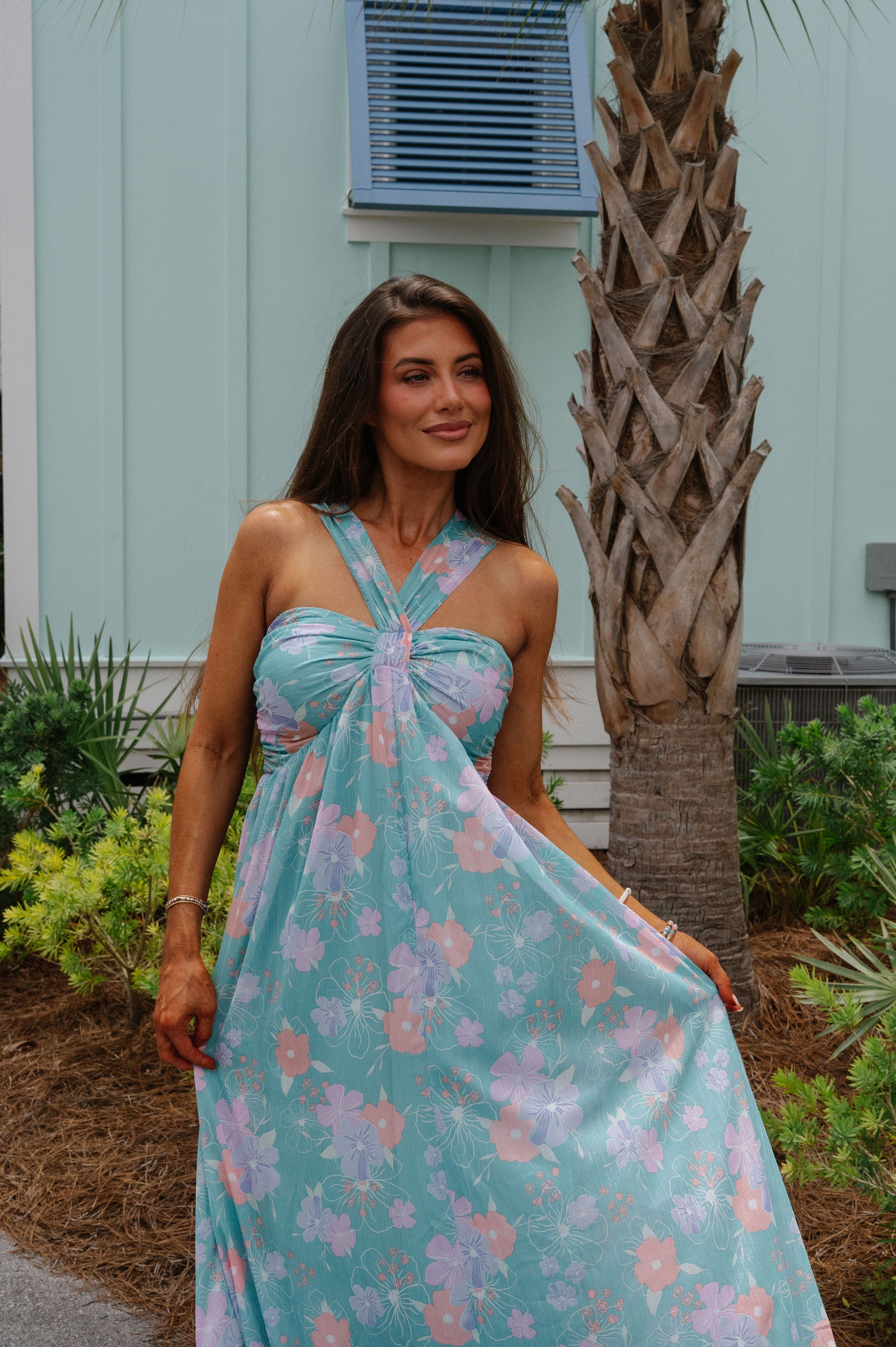 Floral Multi Halter Dress- Turquoise