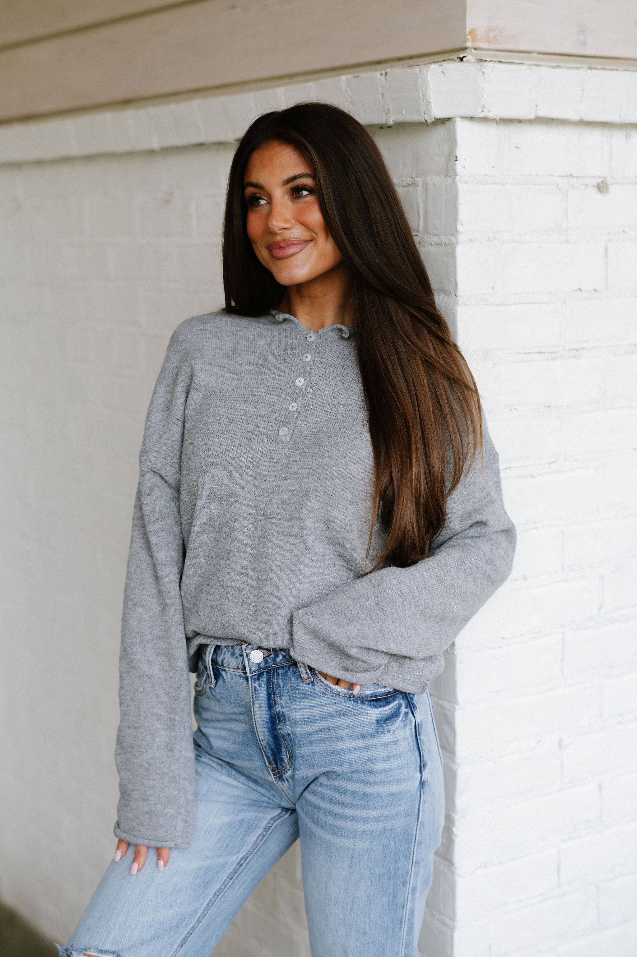 Heather Grey Quarter Button Sweater