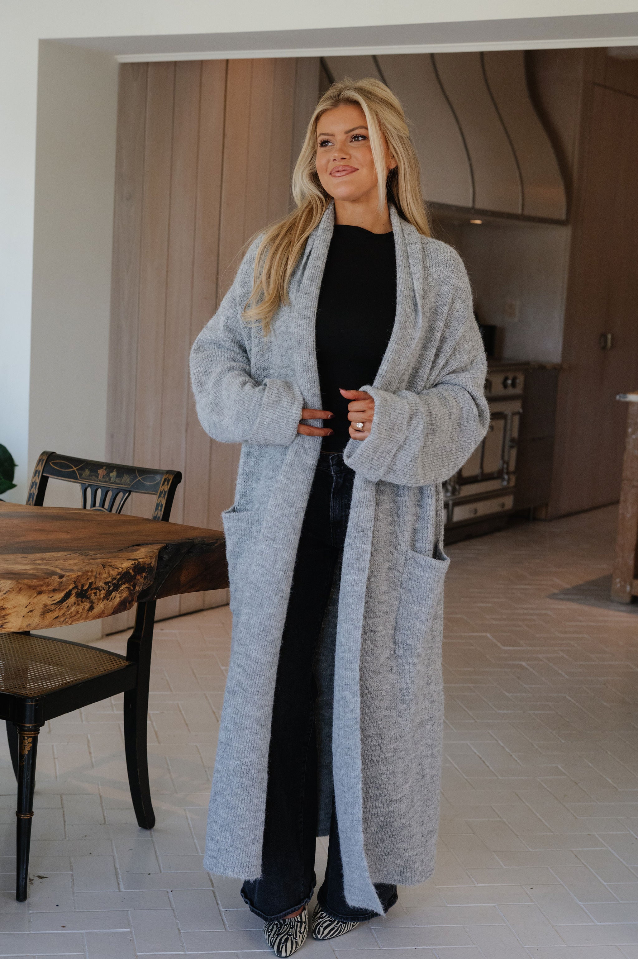 Shawl Collar Open Cardigan-Heathered Grey
