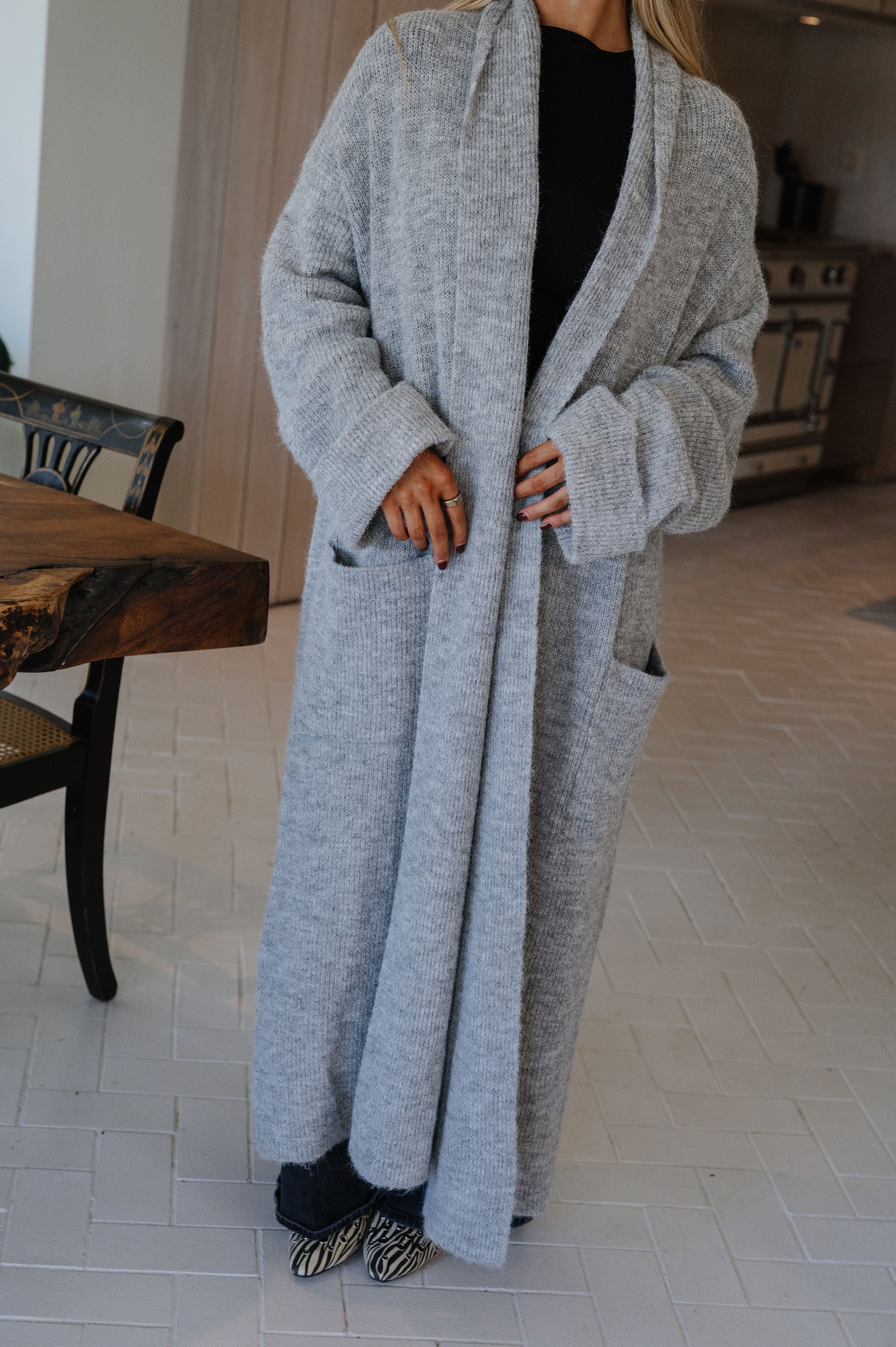 Shawl Collar Open Cardigan-Heathered Grey