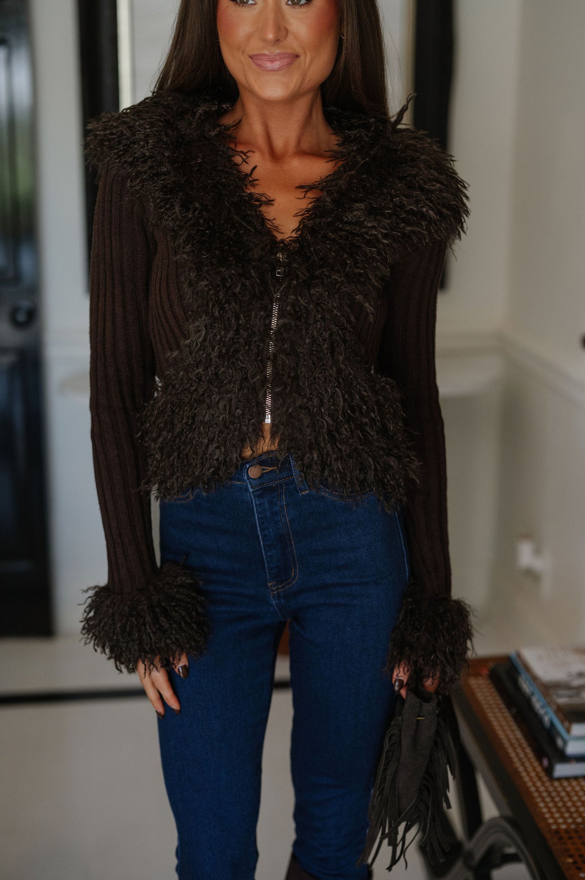 Faux Fur Trim Knit Cardigan