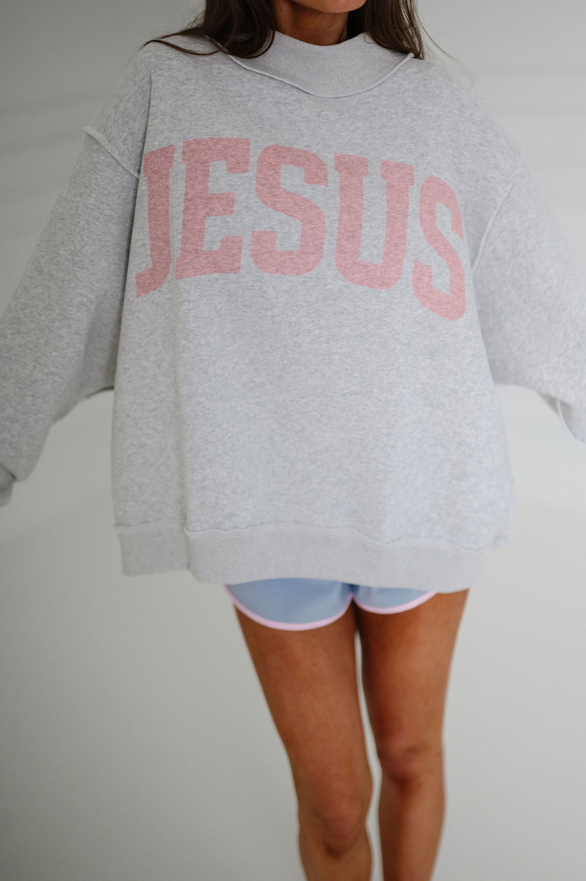 Jesus/God is Good Reversible Mock Neck-Heather Grey/Pink
