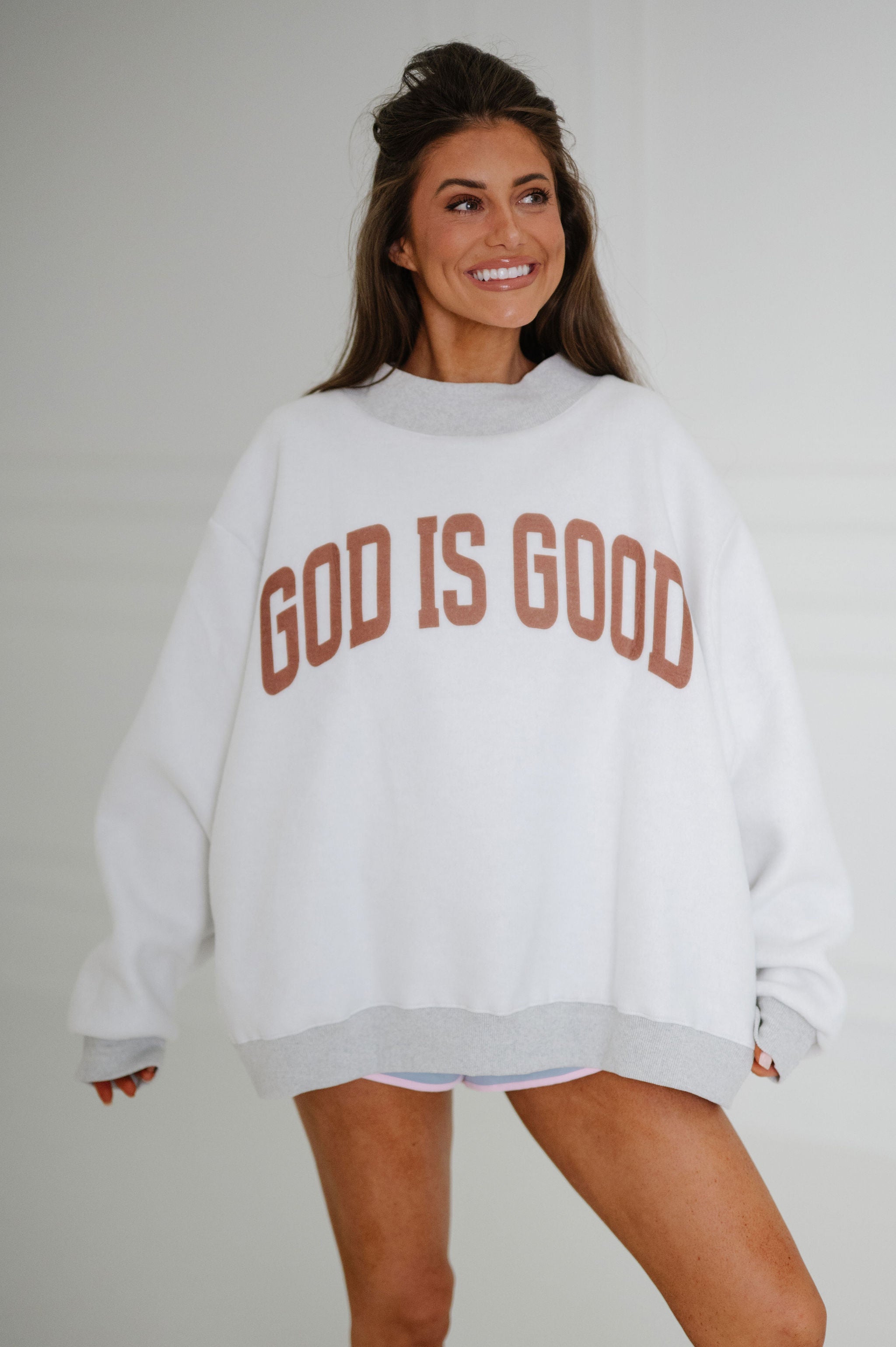 Jesus/God is Good Reversible Mock Neck-Heather Grey/Pink