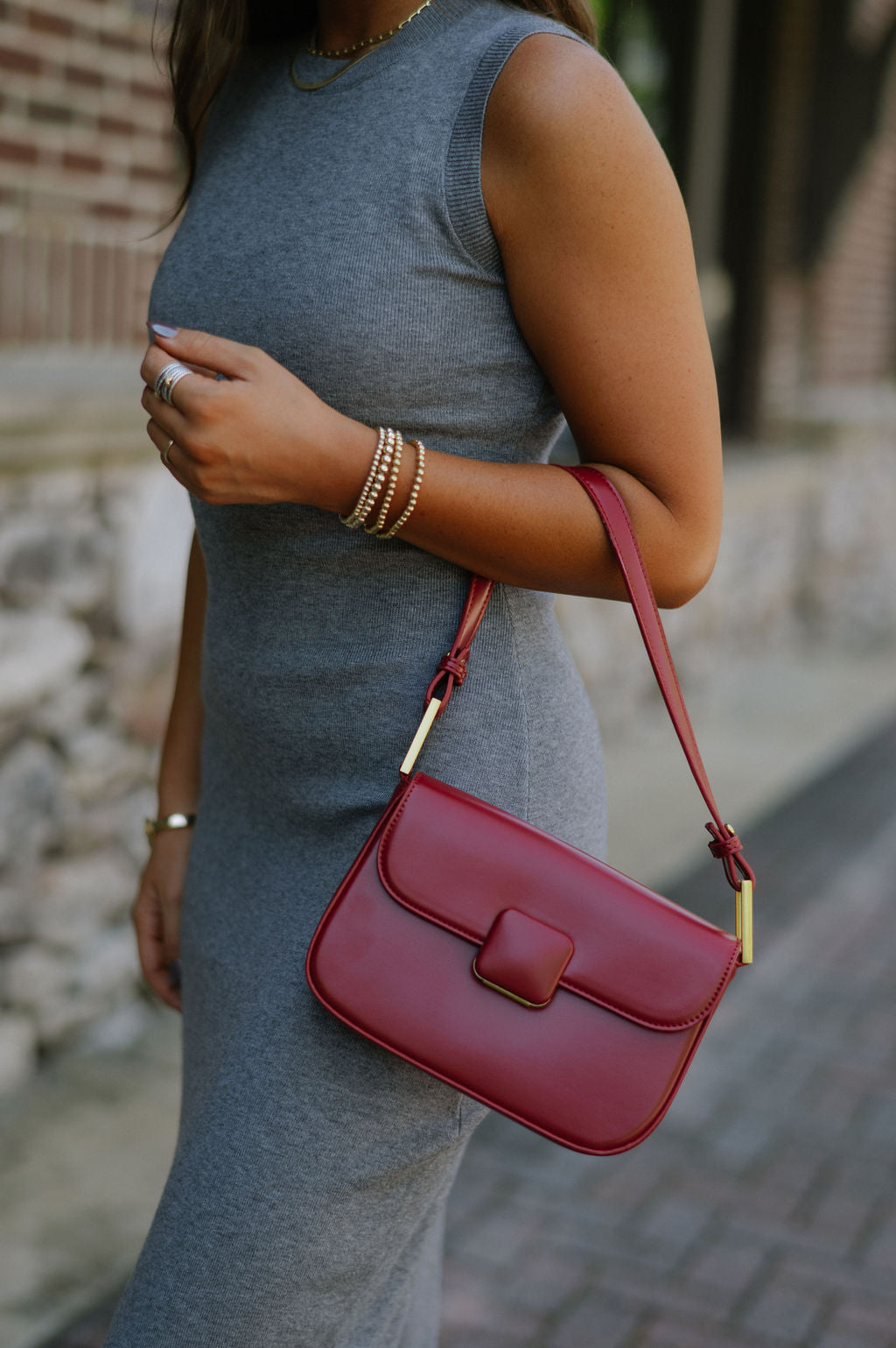 Faux Leather Shoulder Bag- Red