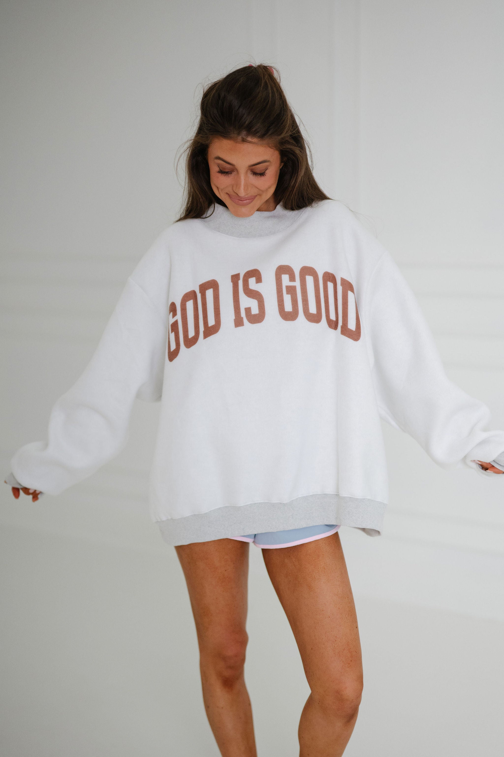 Jesus/God is Good Reversible Mock Neck-Heather Grey/Pink