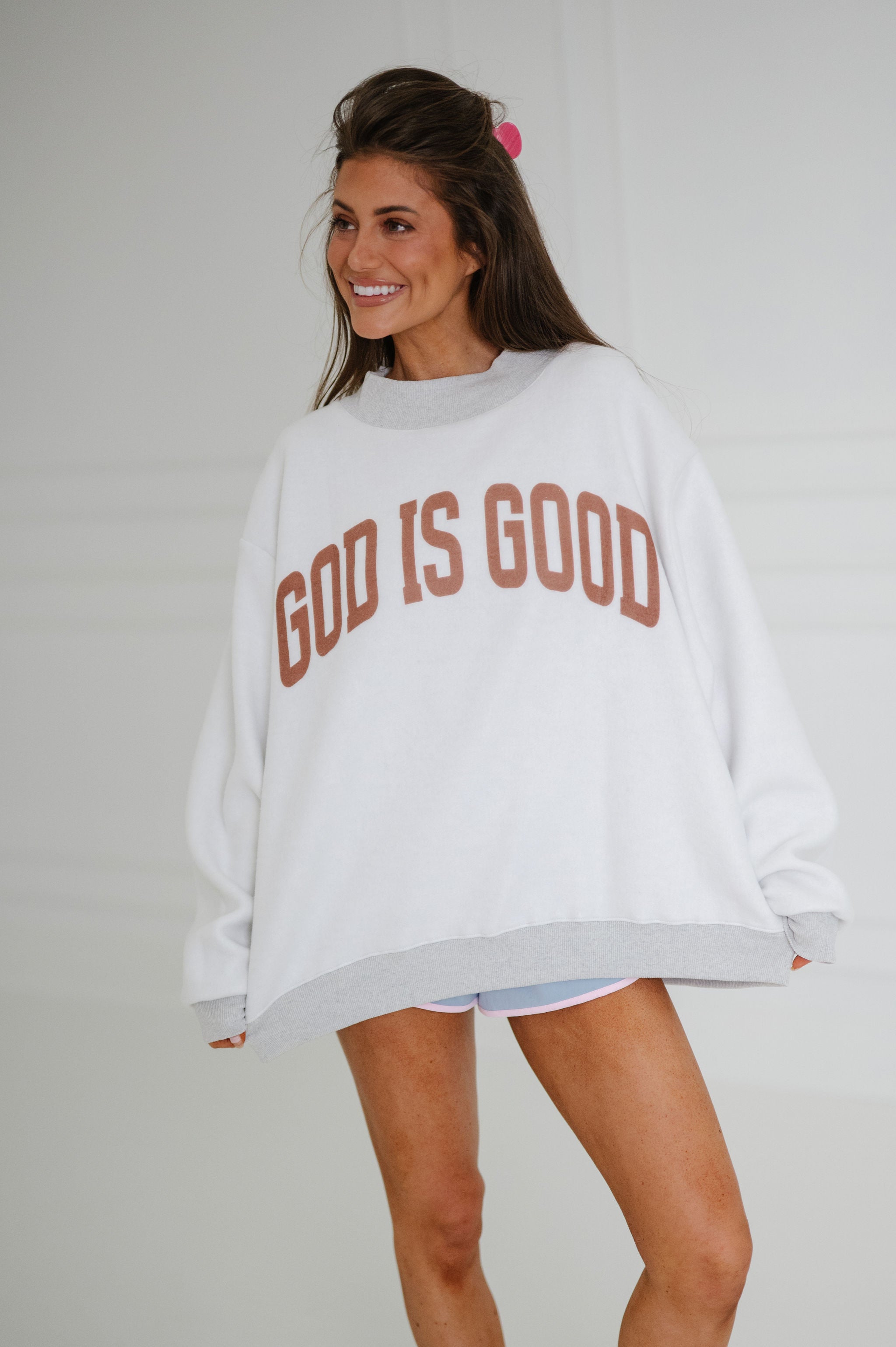 Jesus/God is Good Reversible Mock Neck-Heather Grey/Pink