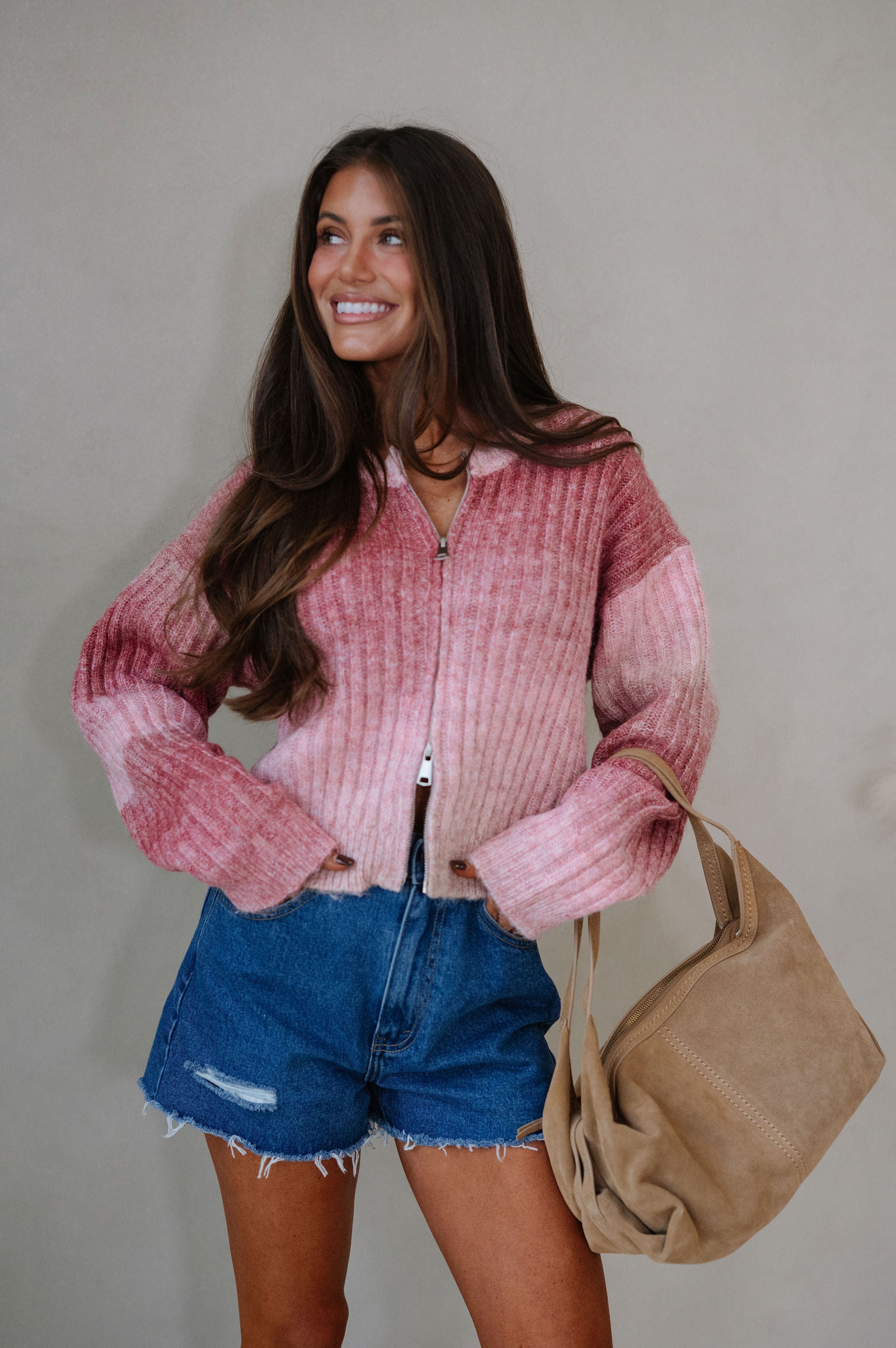 Leah Zip Up Sweater-Rose