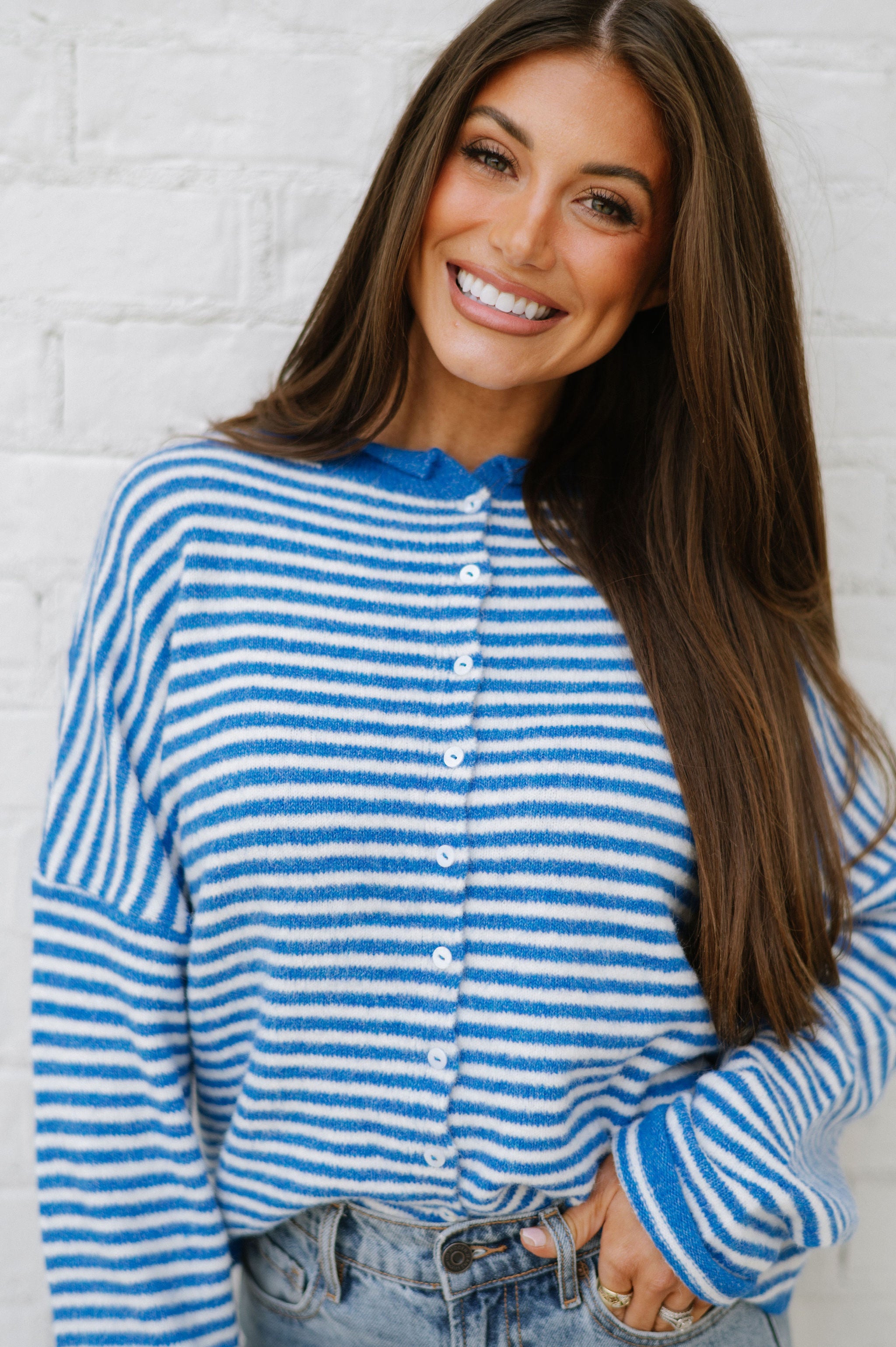 Mallory Mini Striped Cardigan- Blue