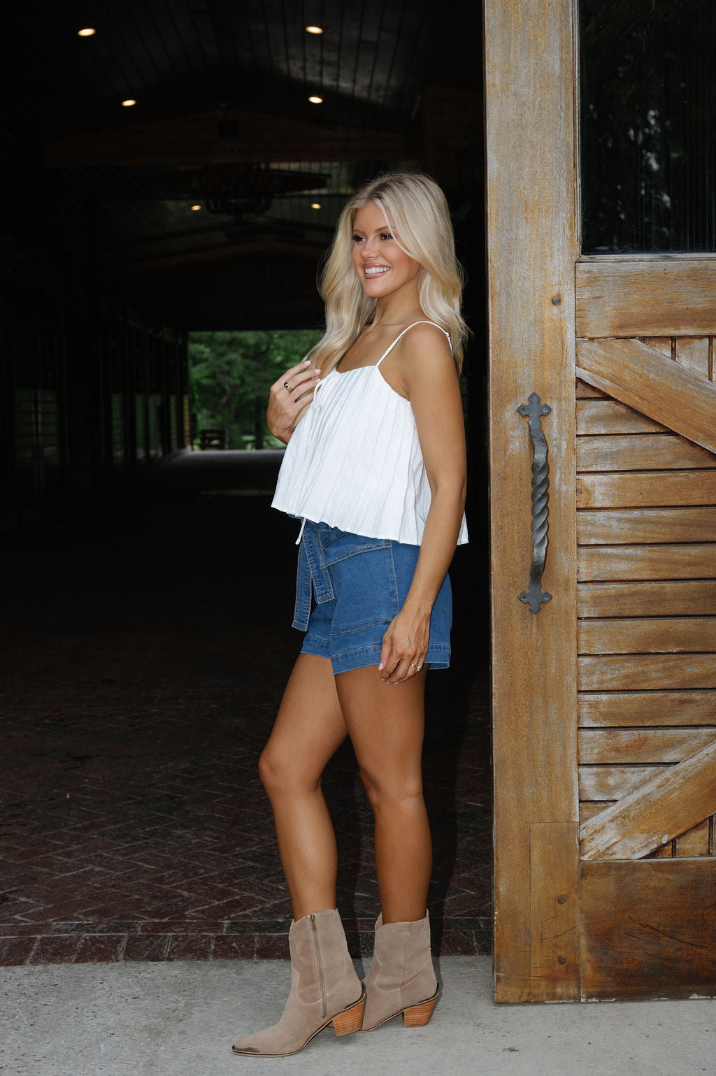 Pleated Tie Front Cami Top-Off White
