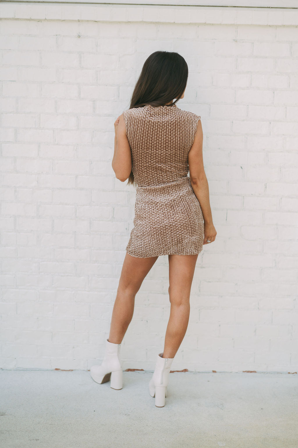 Chenille Mock Neck Skirt Set- Brown// PETITE