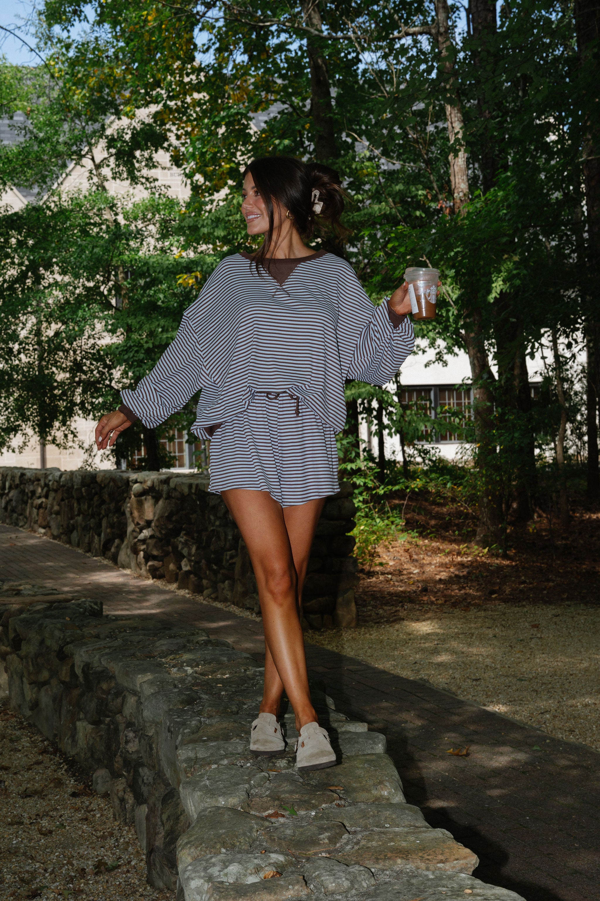 Striped Drawstring Shorts Set-Blue/Brown