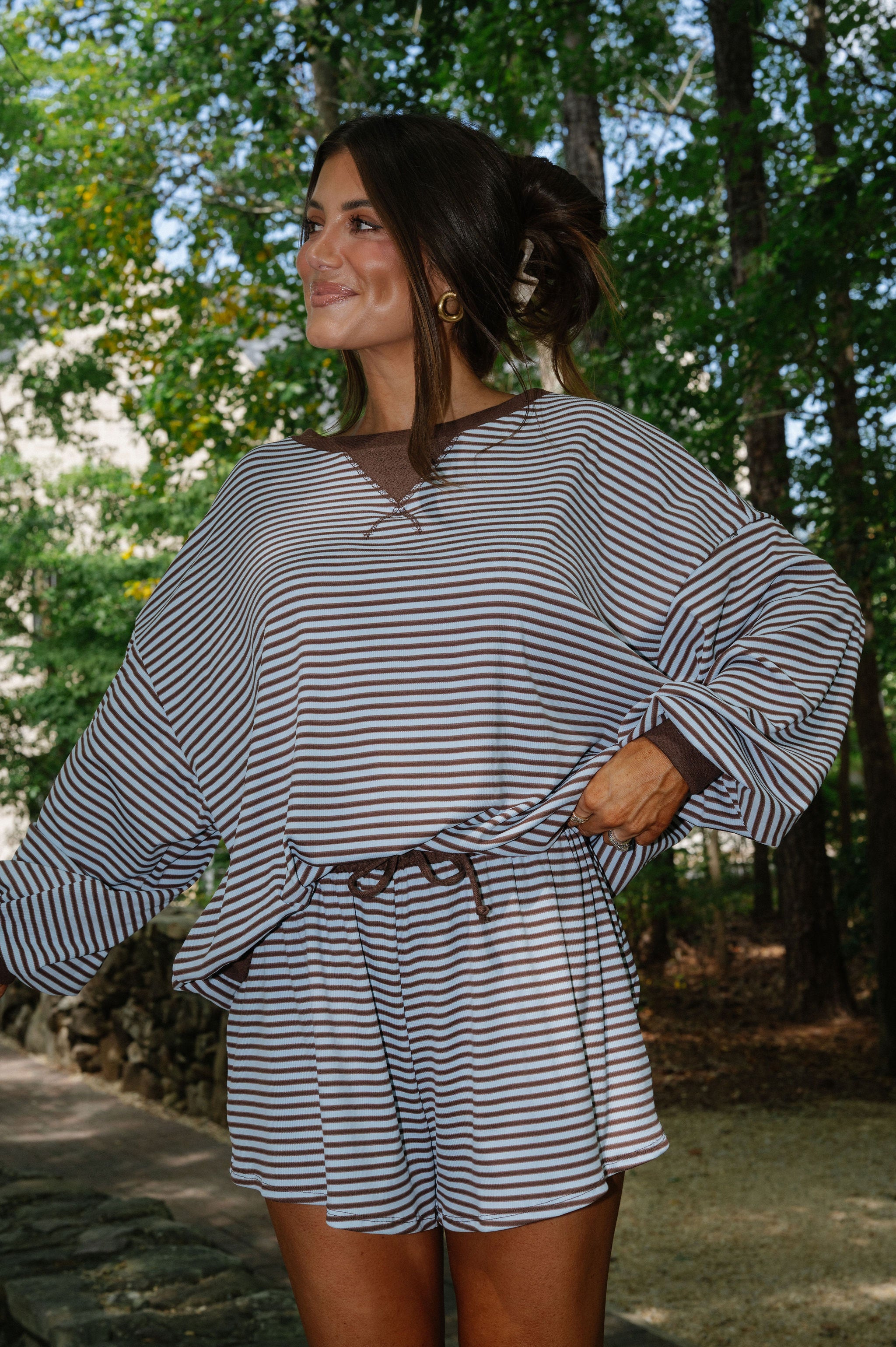 Striped Drawstring Shorts Set-Blue/Brown