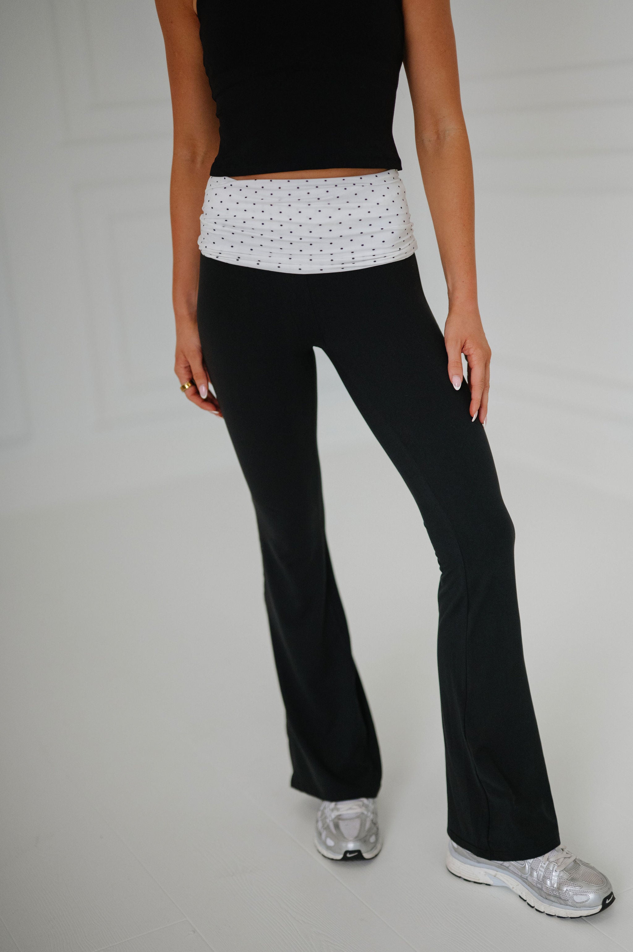Soft Knit Foldover Flare Pants-White Polka Dot