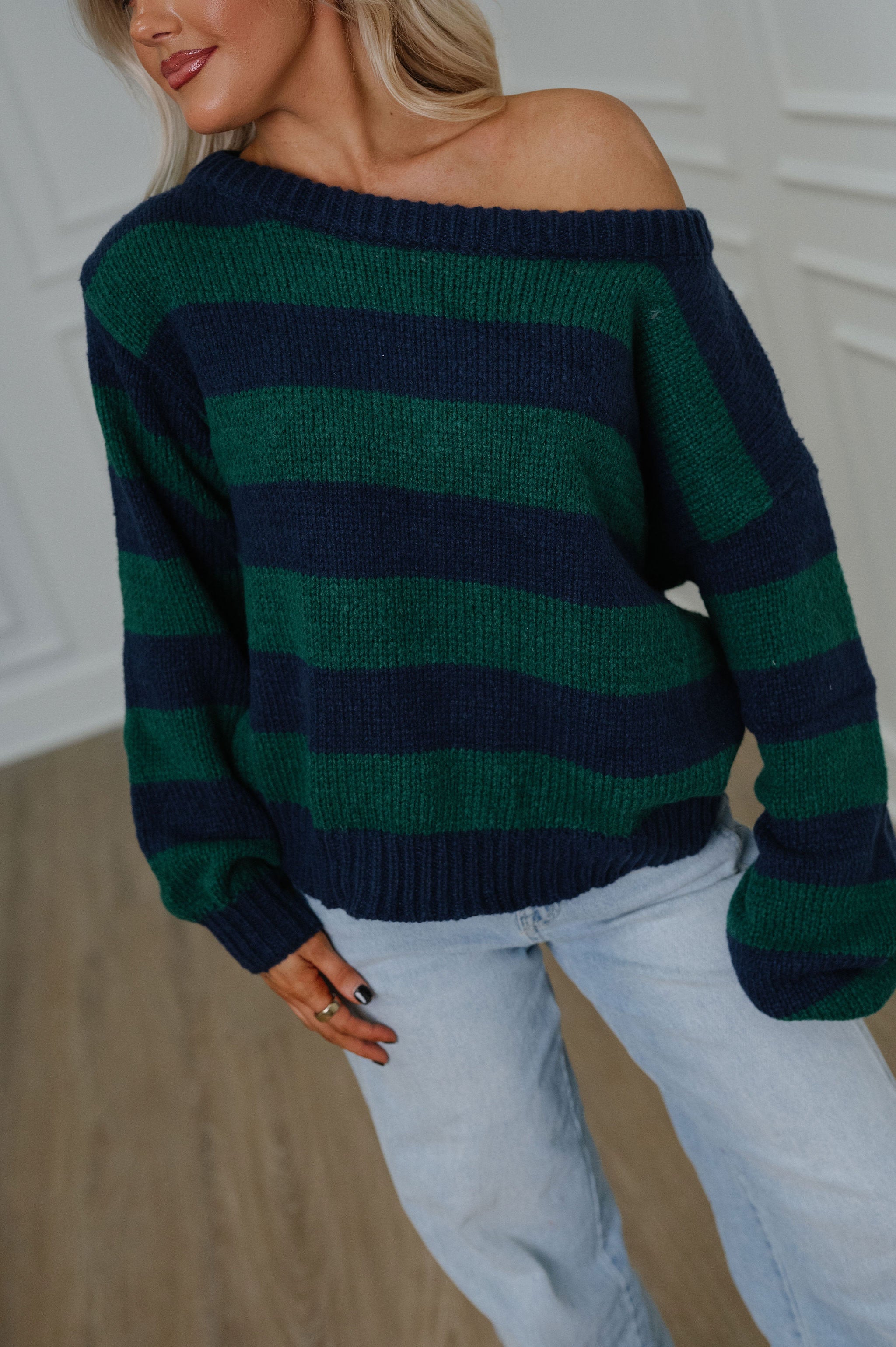 Maddee OTS Rugby Sweater-Navy/Green