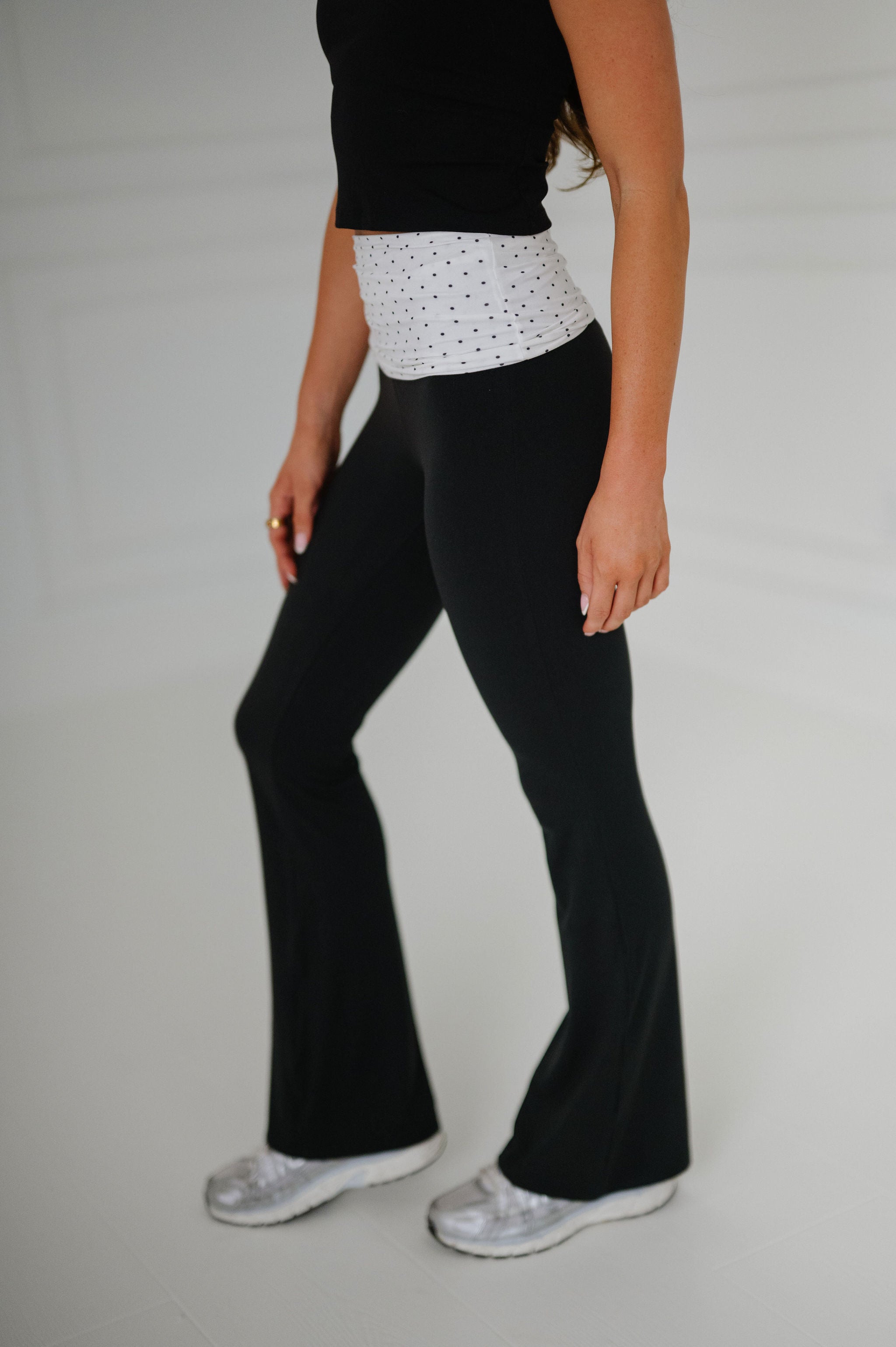 Soft Knit Foldover Flare Pants-White Polka Dot