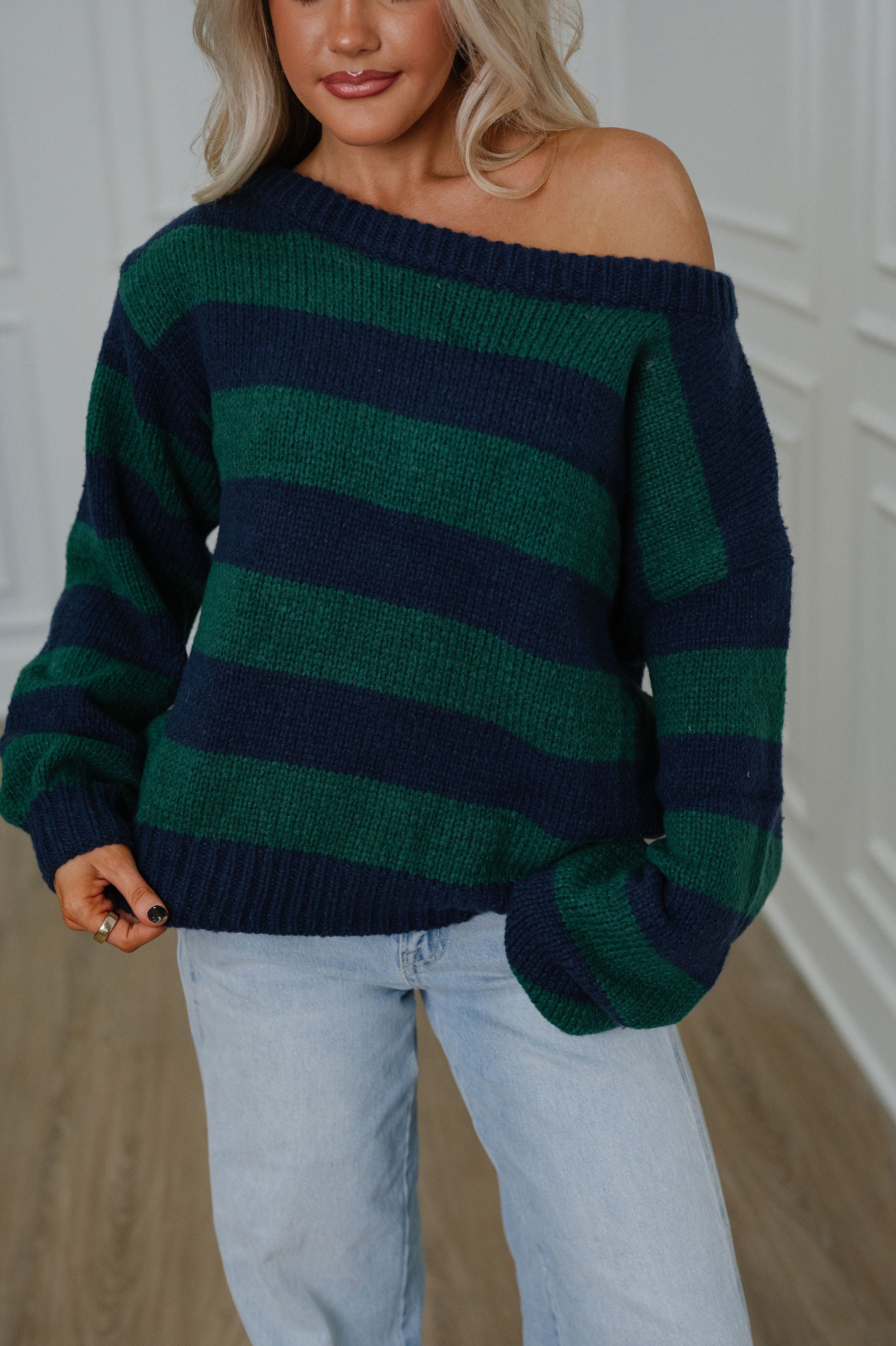 Maddee OTS Rugby Sweater-Navy/Green