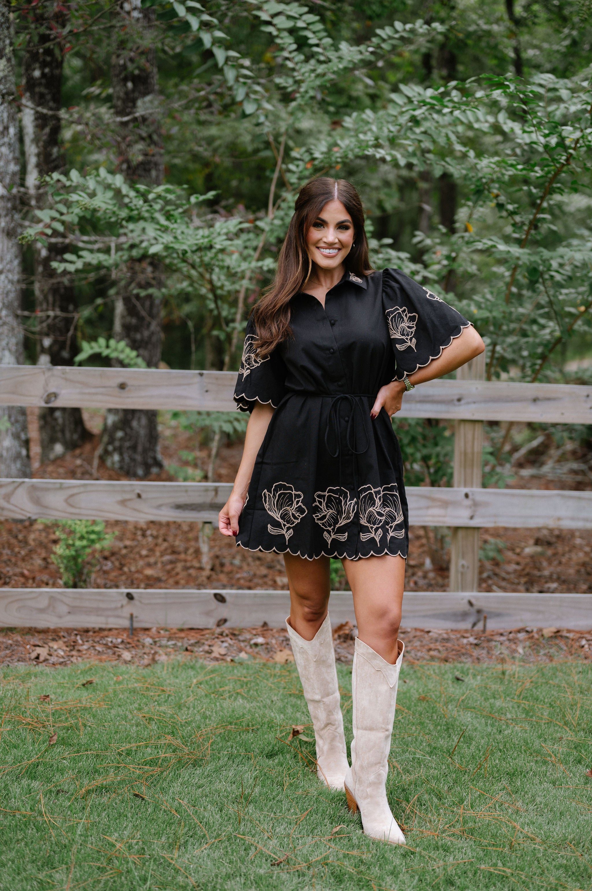 Linen Floral Shift Dress-Black