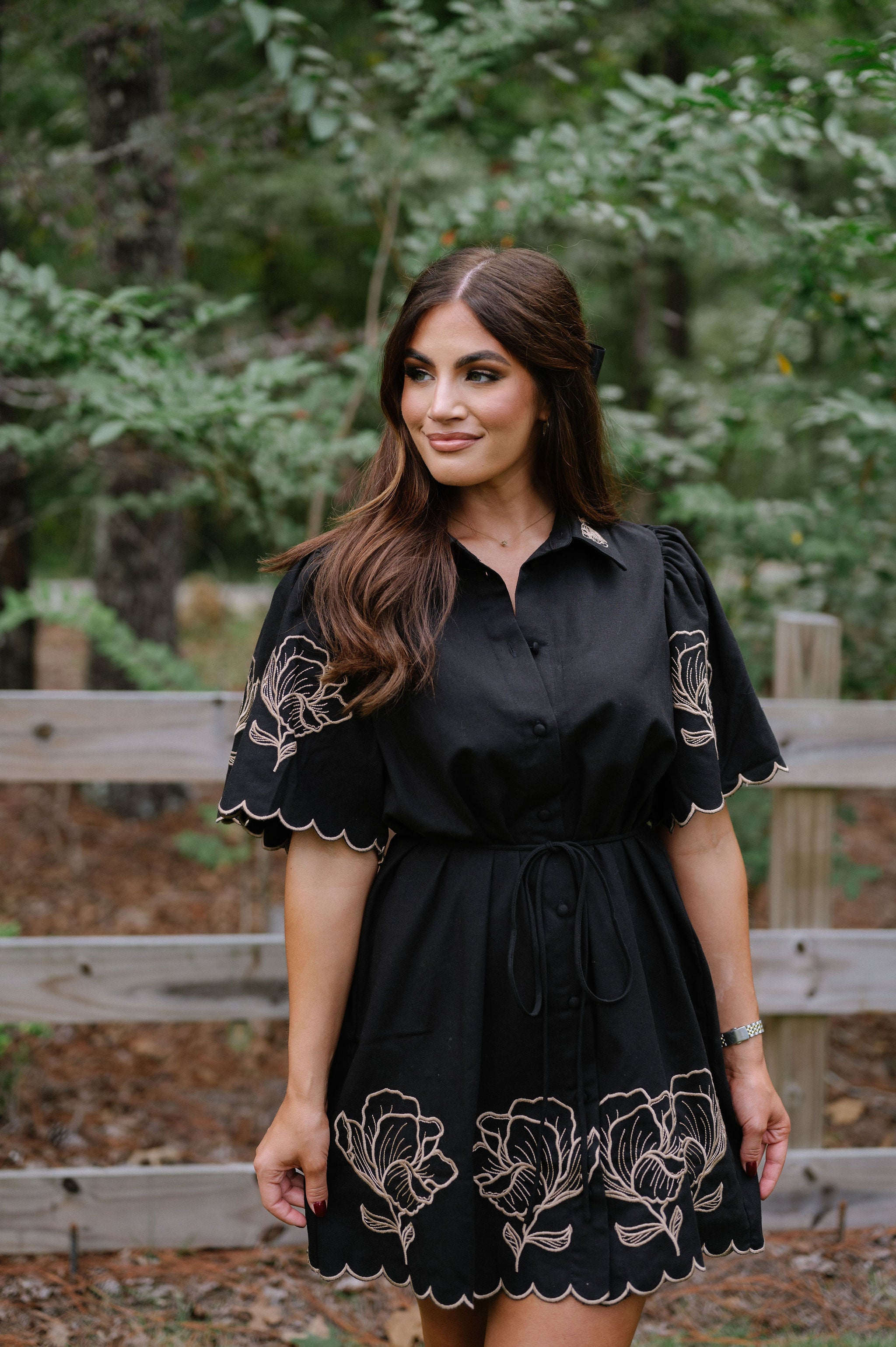 Linen Floral Shift Dress-Black