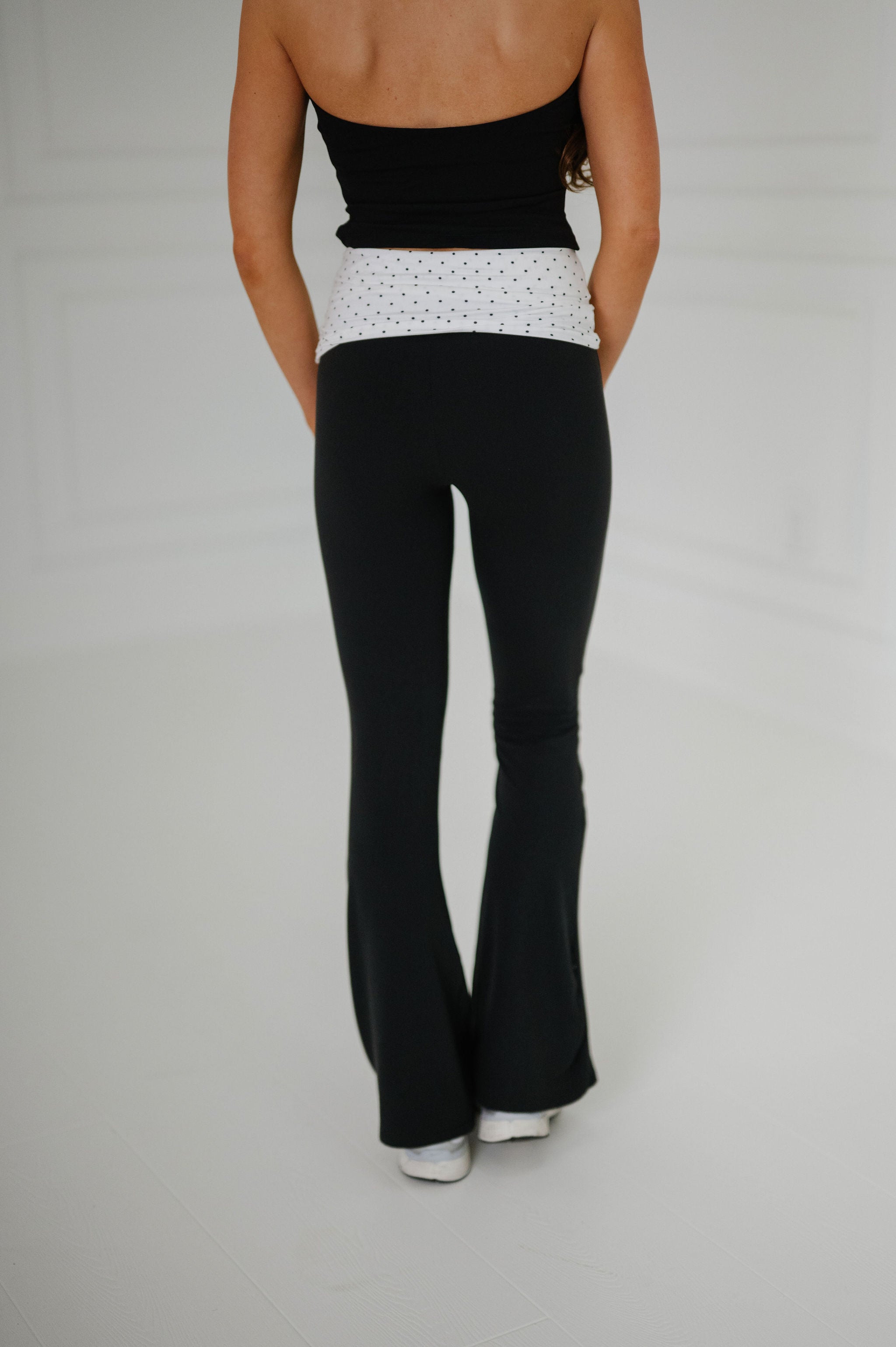 Soft Knit Foldover Flare Pants-White Polka Dot