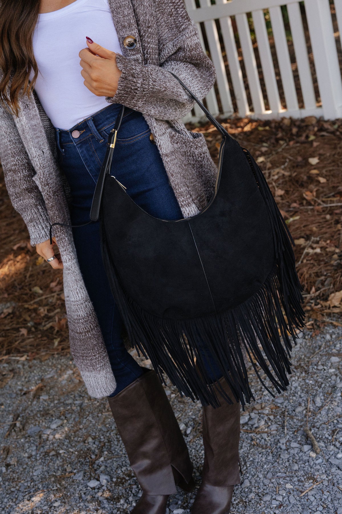 Layered Fringe Shoulder Bag-Black
