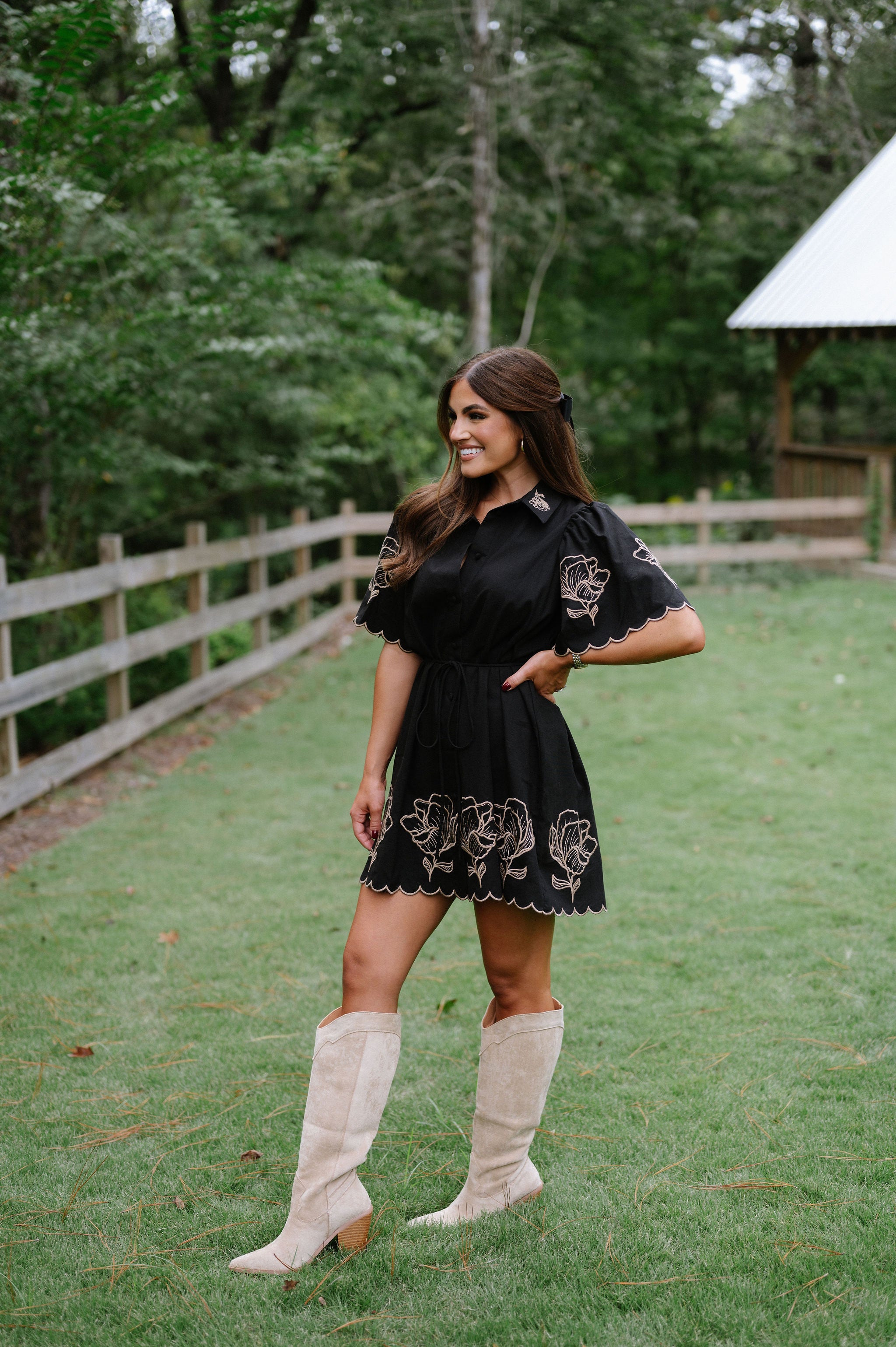 Linen Floral Shift Dress-Black