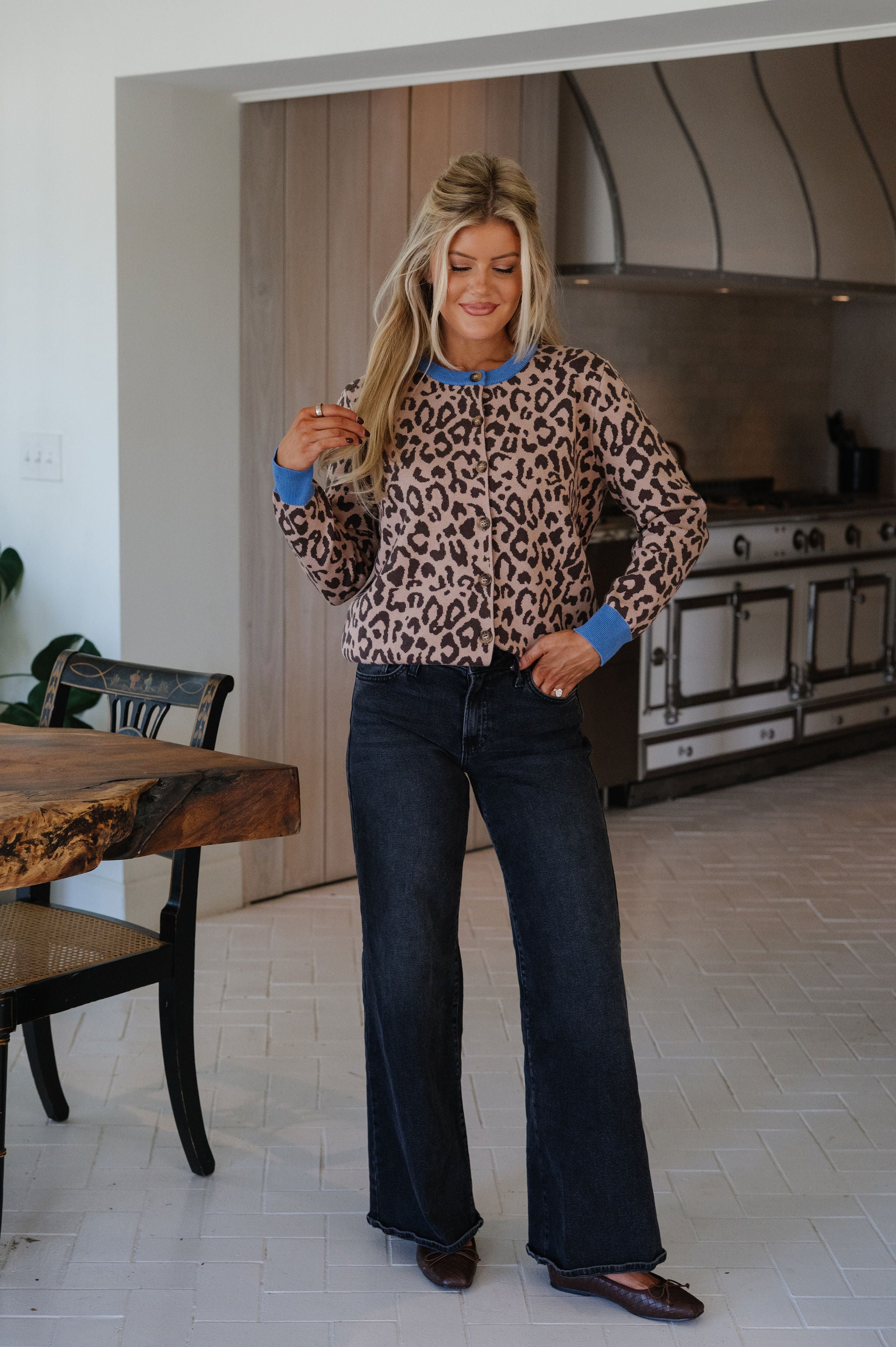 Leopard Contrast Cardigan-Camel/Blue