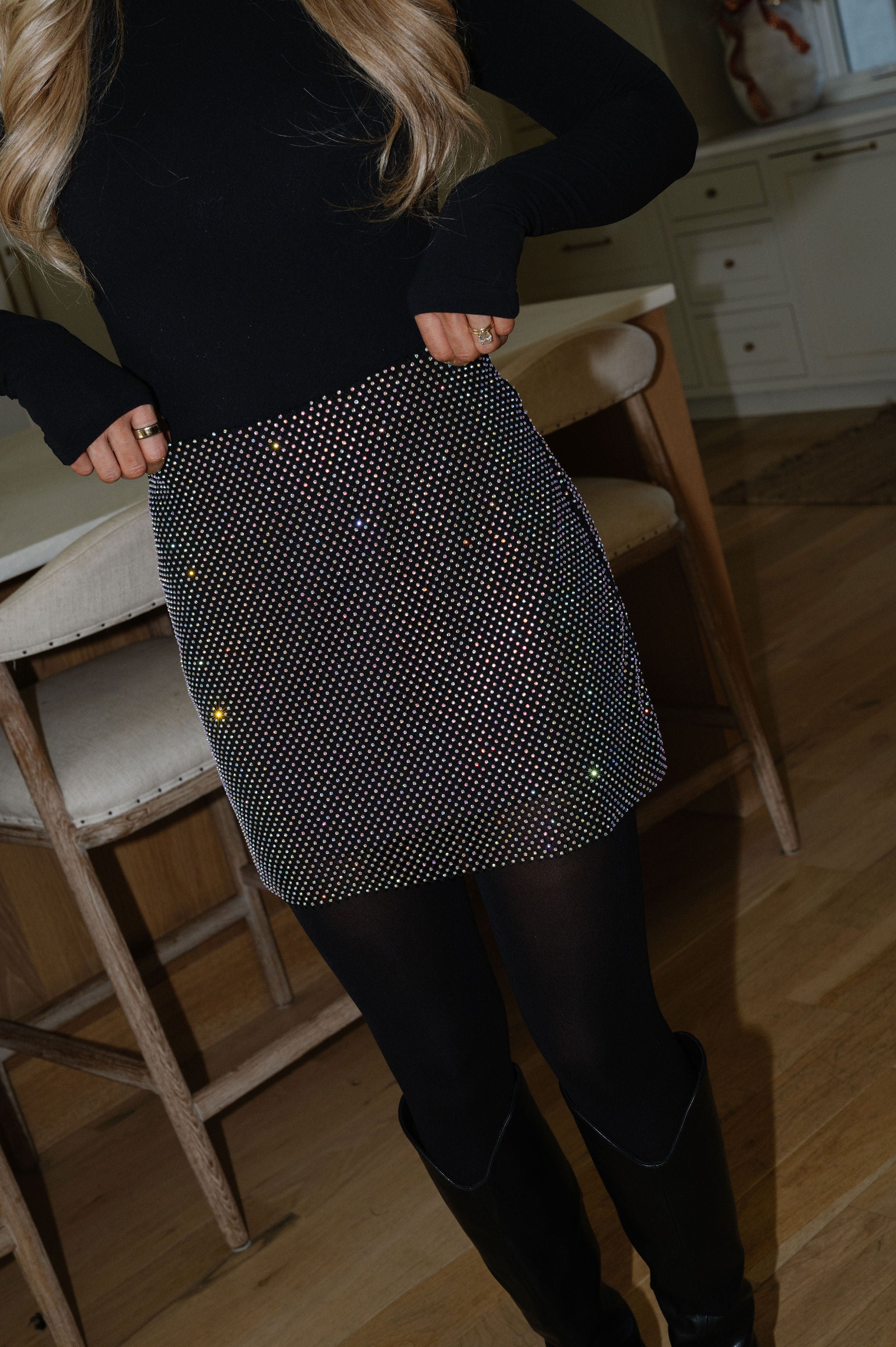 Ana Rhinestone Skirt-Black