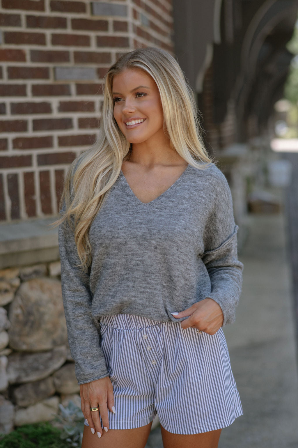 Geneva V Neck Sweater- Grey