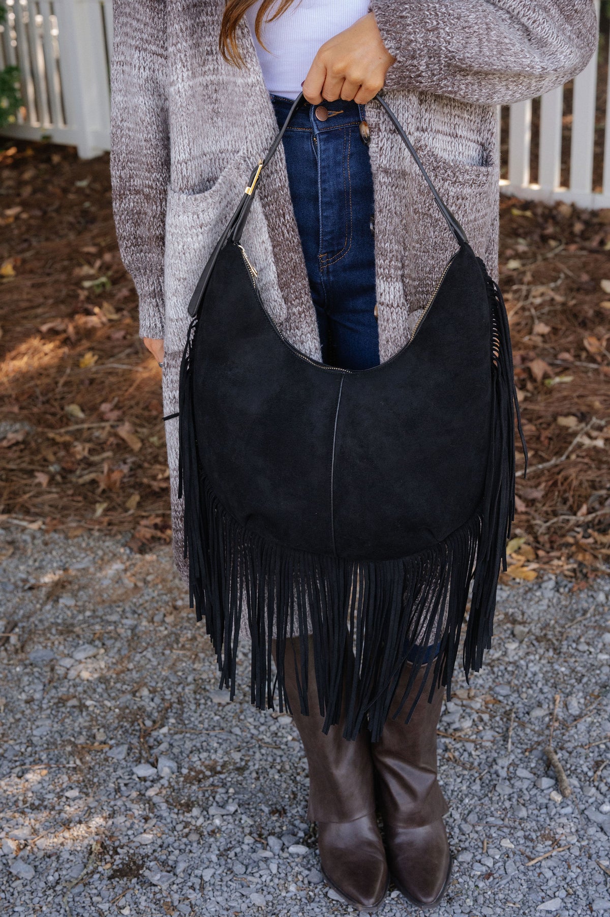 Layered Fringe Shoulder Bag-Black