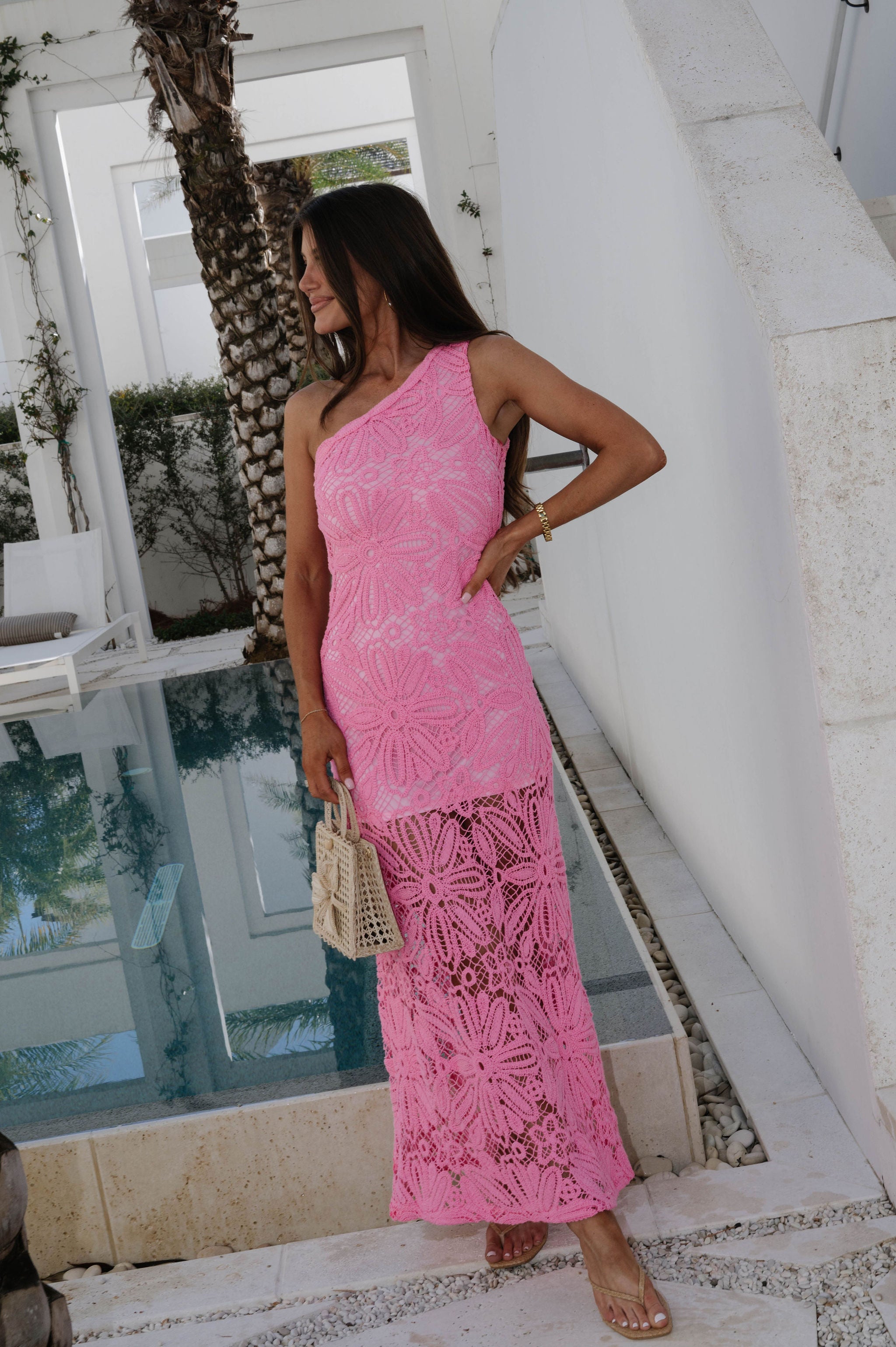 One Shoulder Lace Maxi Dress-Pink