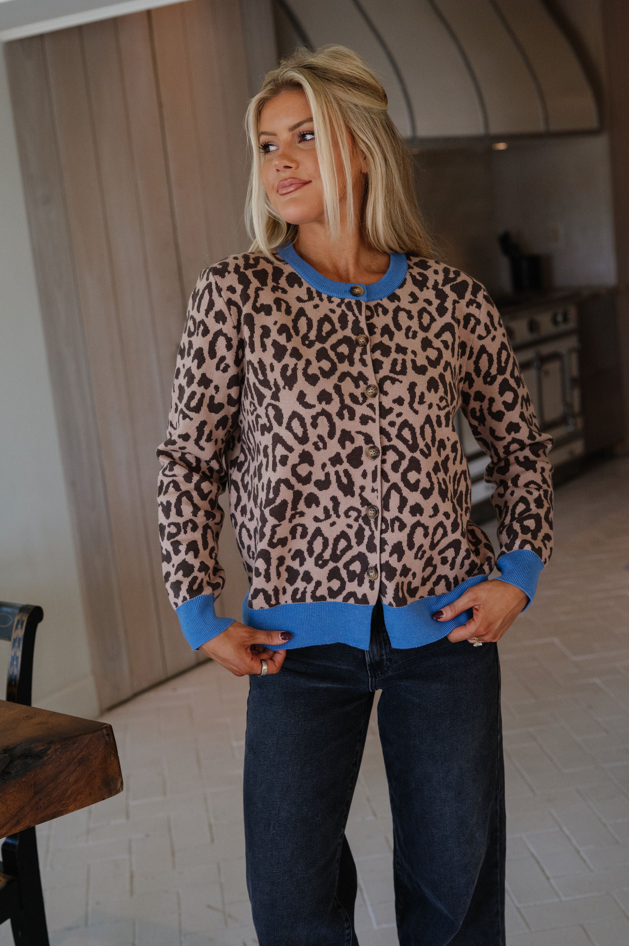Leopard Contrast Cardigan-Camel/Blue