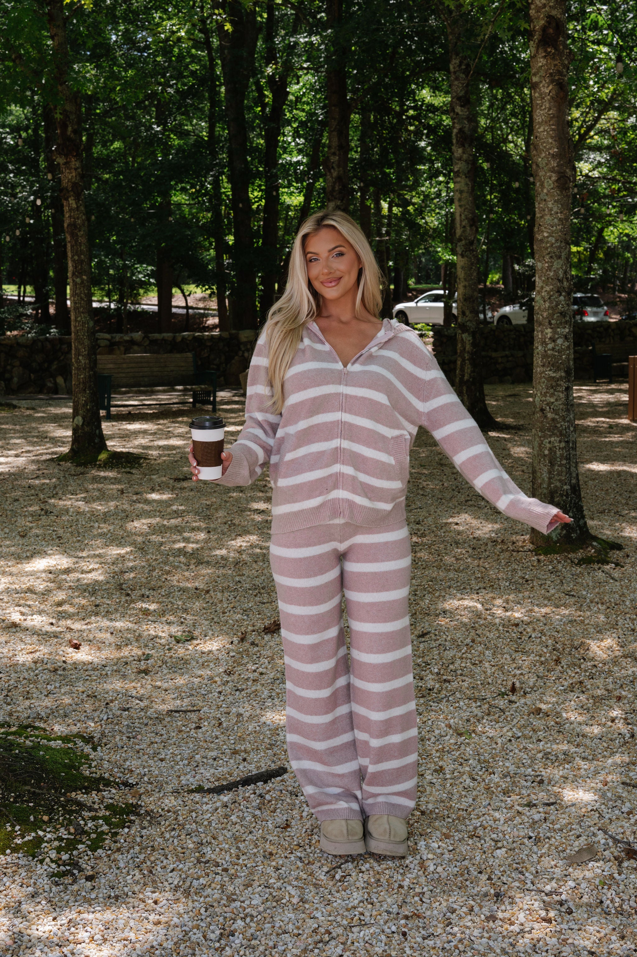 Lacey Stripe Lounge Set-Dark Nude/Ivory