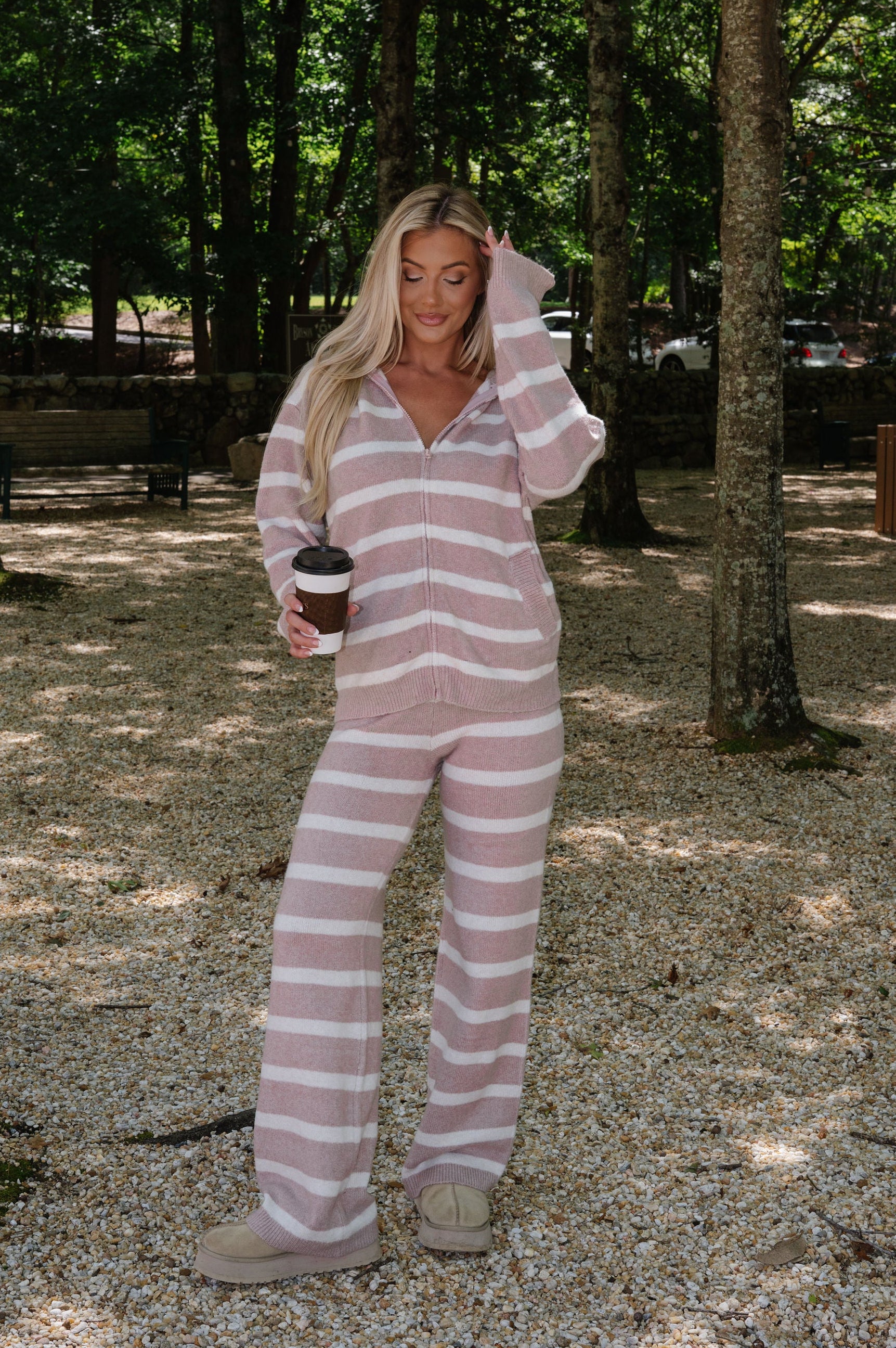 Lacey Stripe Lounge Set-Dark Nude/Ivory