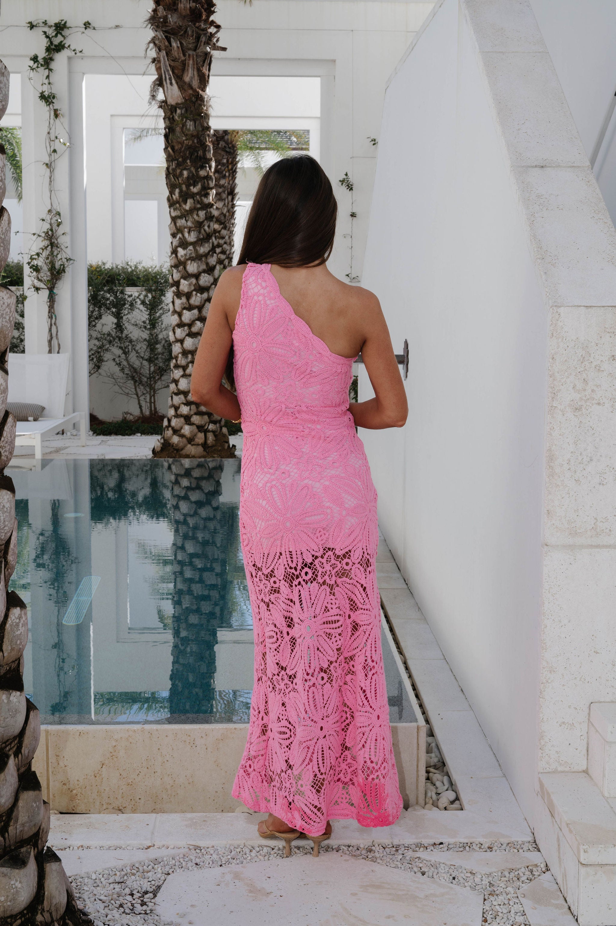 One Shoulder Lace Maxi Dress-Pink
