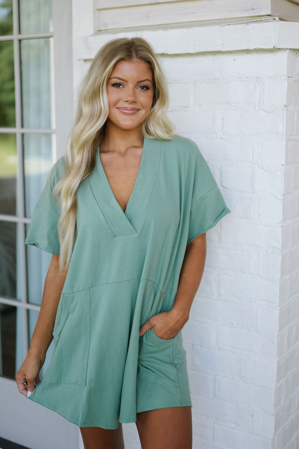 Oversized V-Neck Romper- Dark Sage