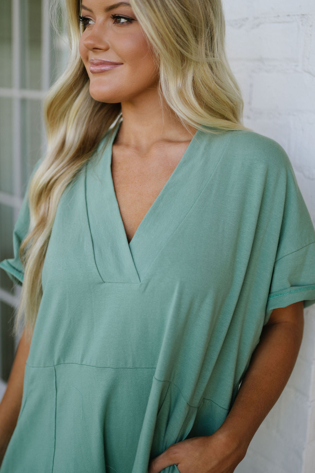 Oversized V-Neck Romper- Dark Sage