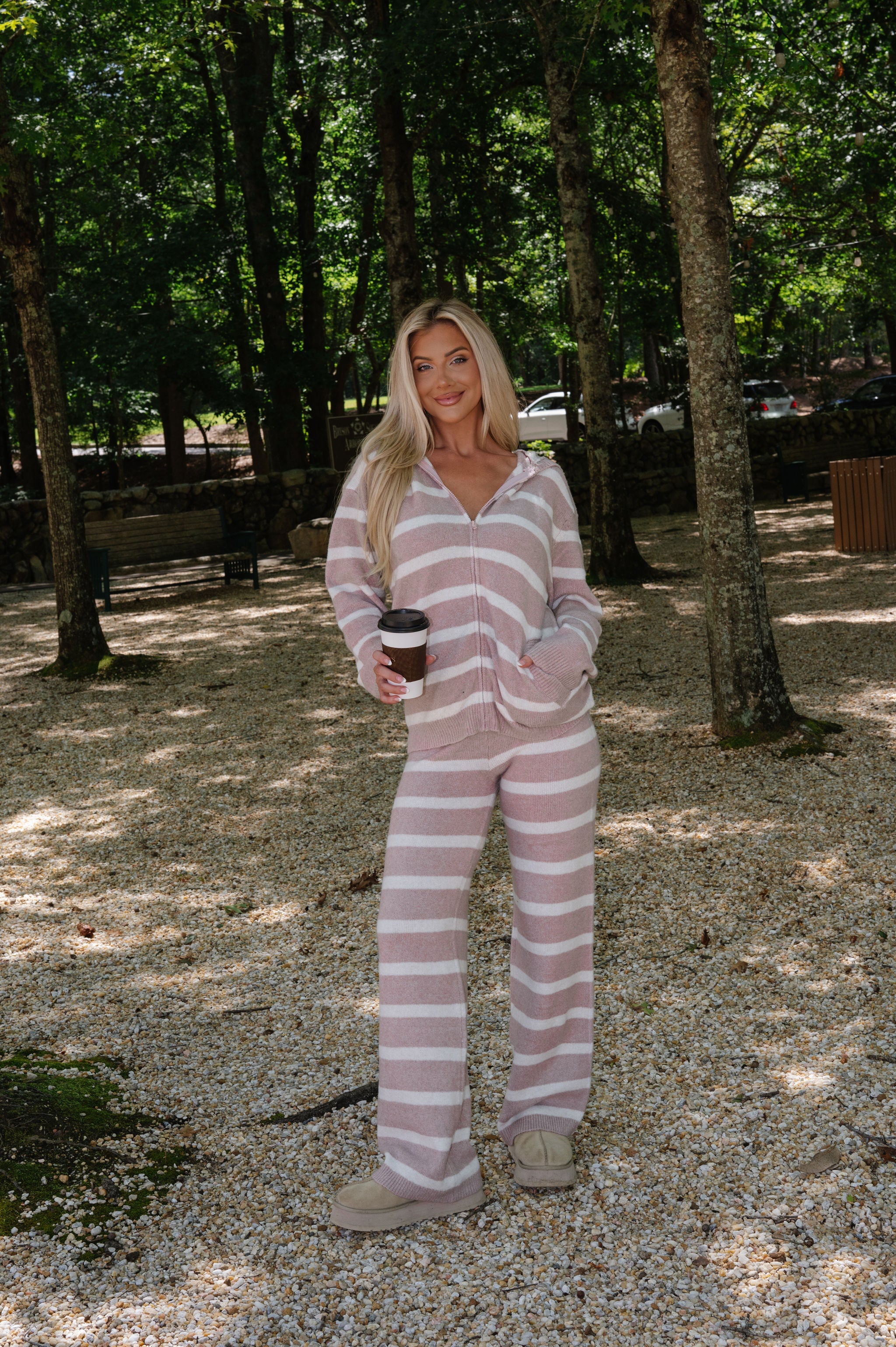 Lacey Stripe Lounge Set-Dark Nude/Ivory
