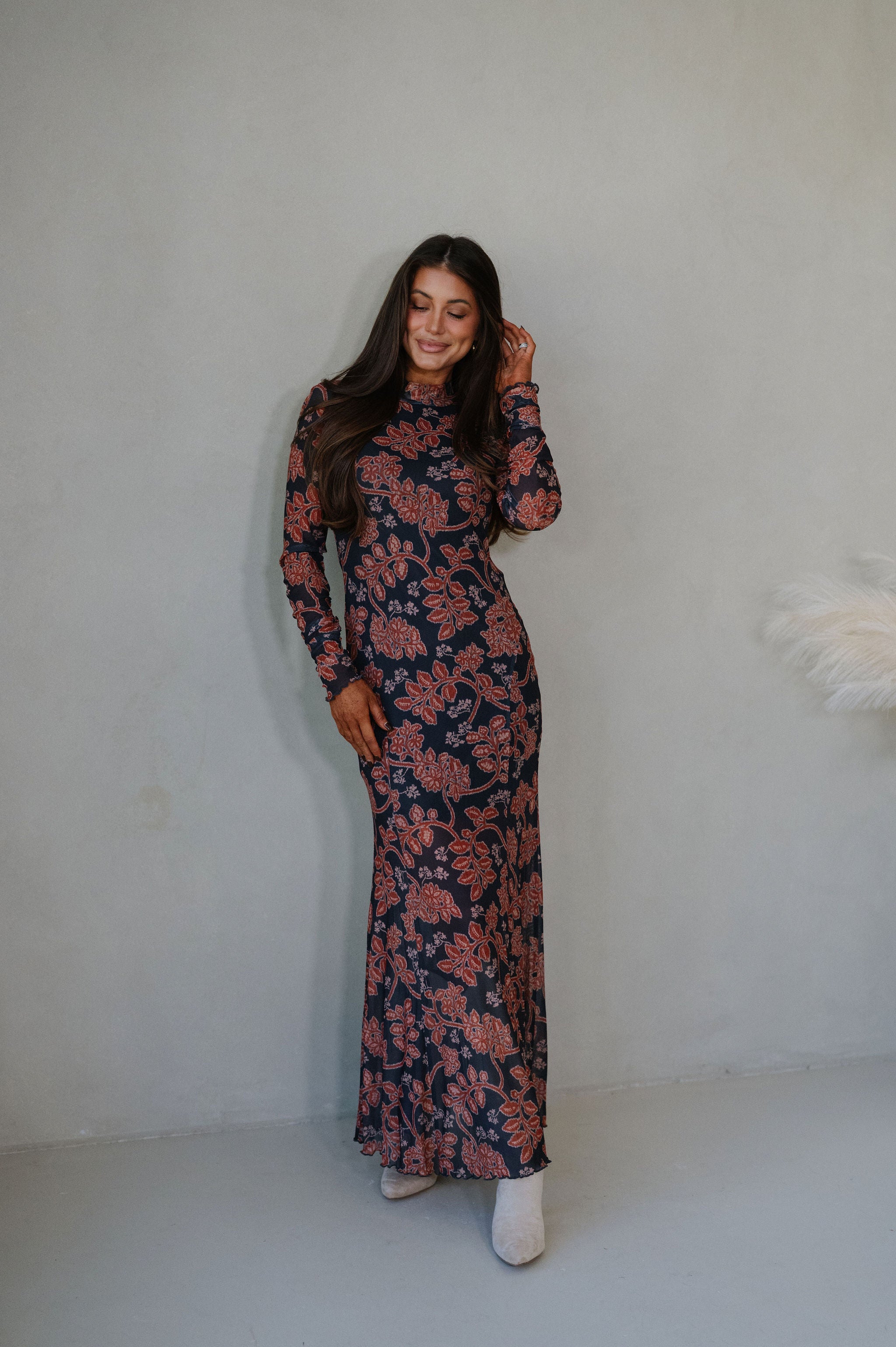 Floral Mesh Maxi Dress-Charcoal