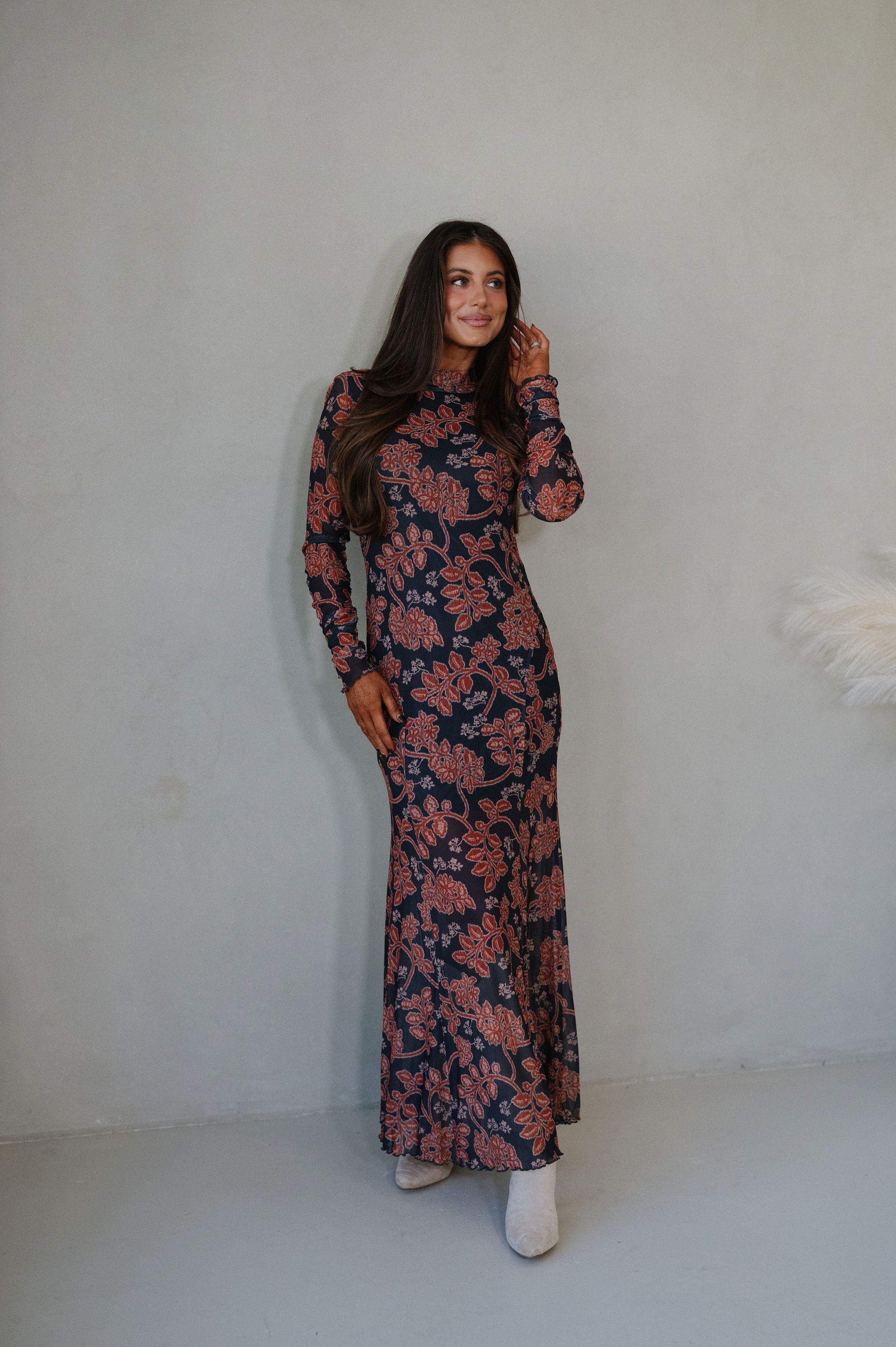 Floral Mesh Maxi Dress-Charcoal