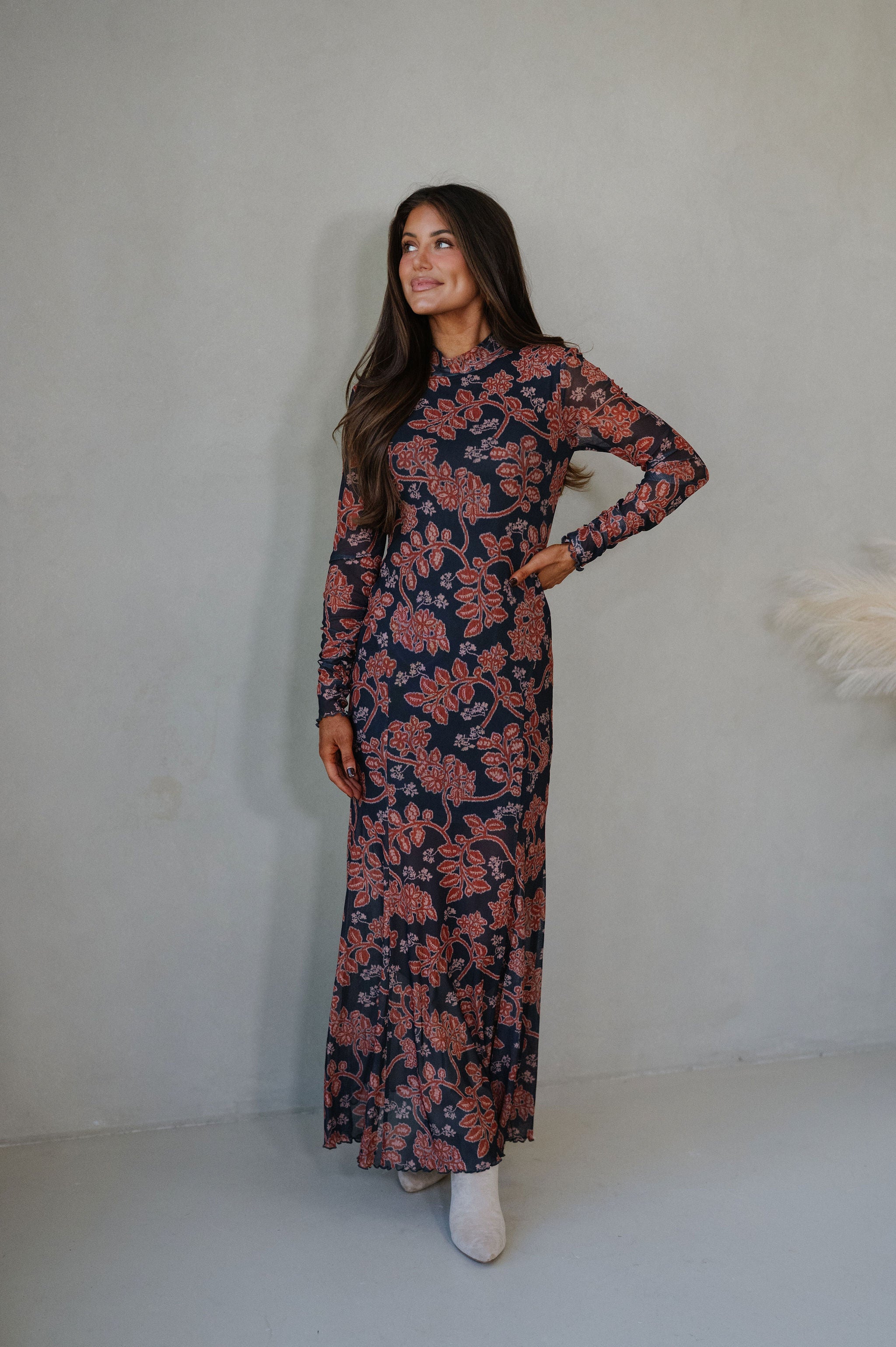 Floral Mesh Maxi Dress-Charcoal