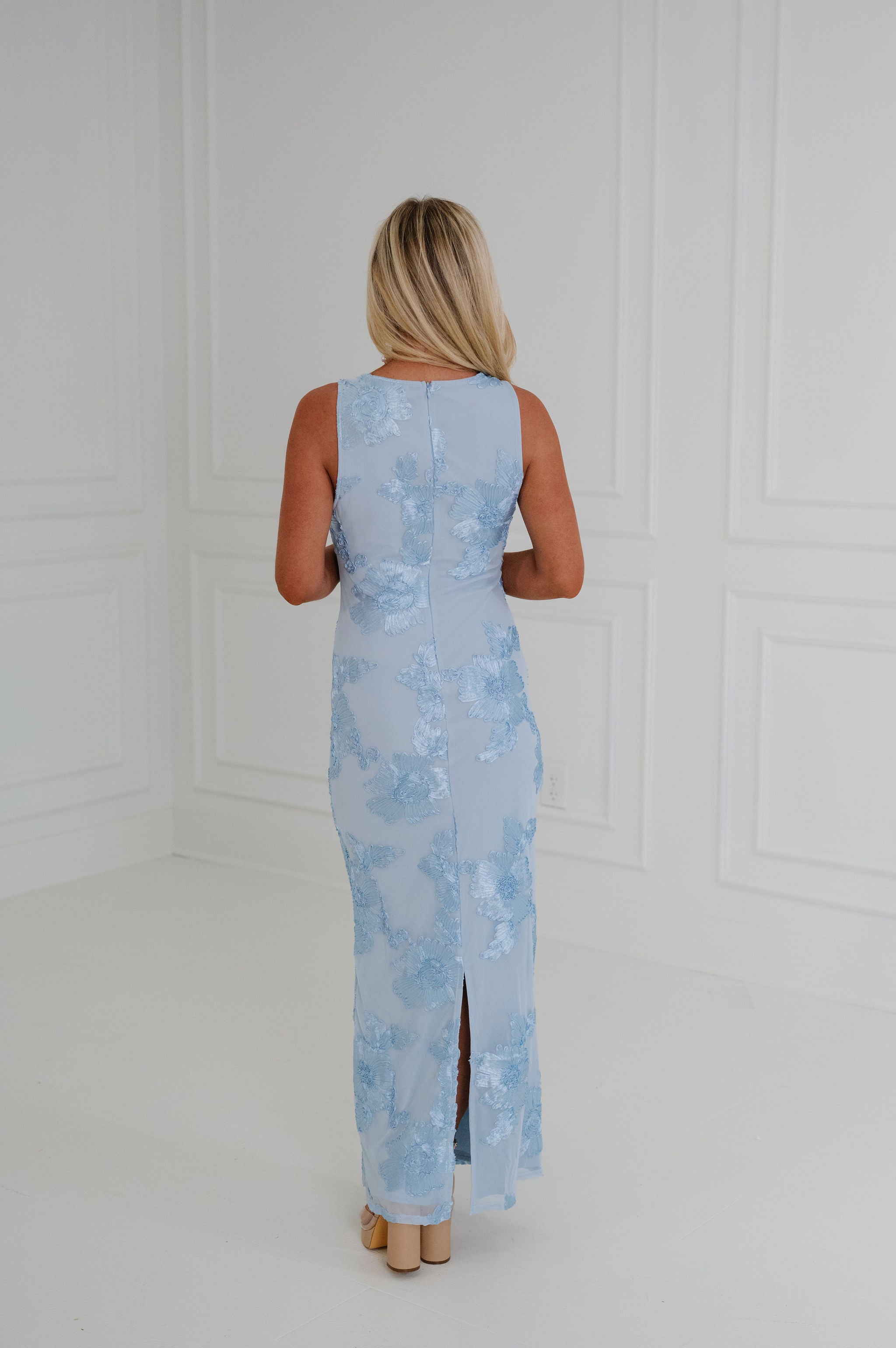 Nora Aplique Mesh Maxi Dress-Blue