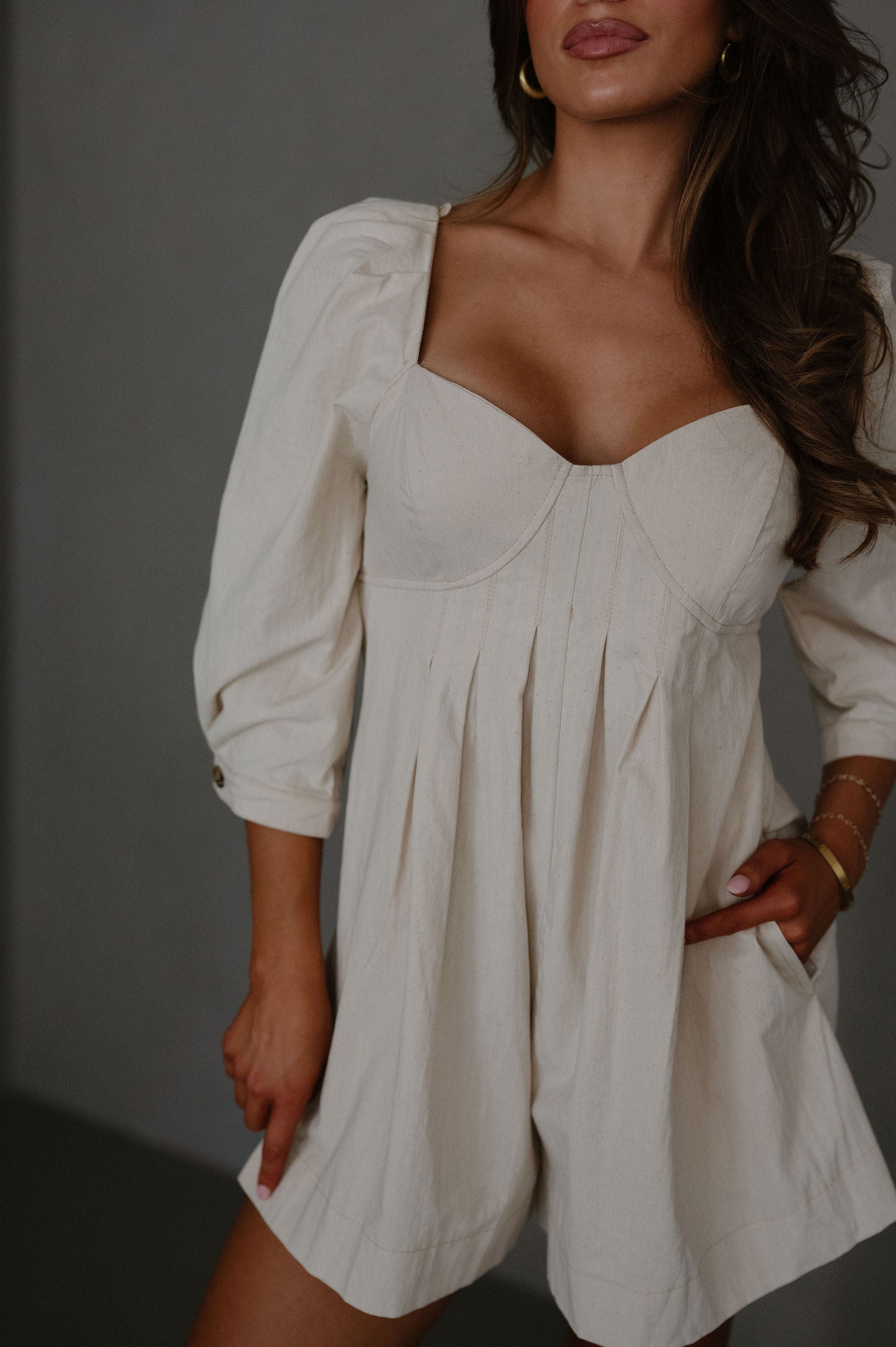 Sweetheart Pintuck Romper-Oatmeal