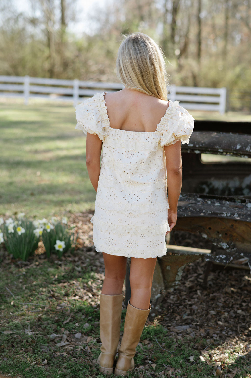 Eyelet Lace Twill Mini Dress-Natural