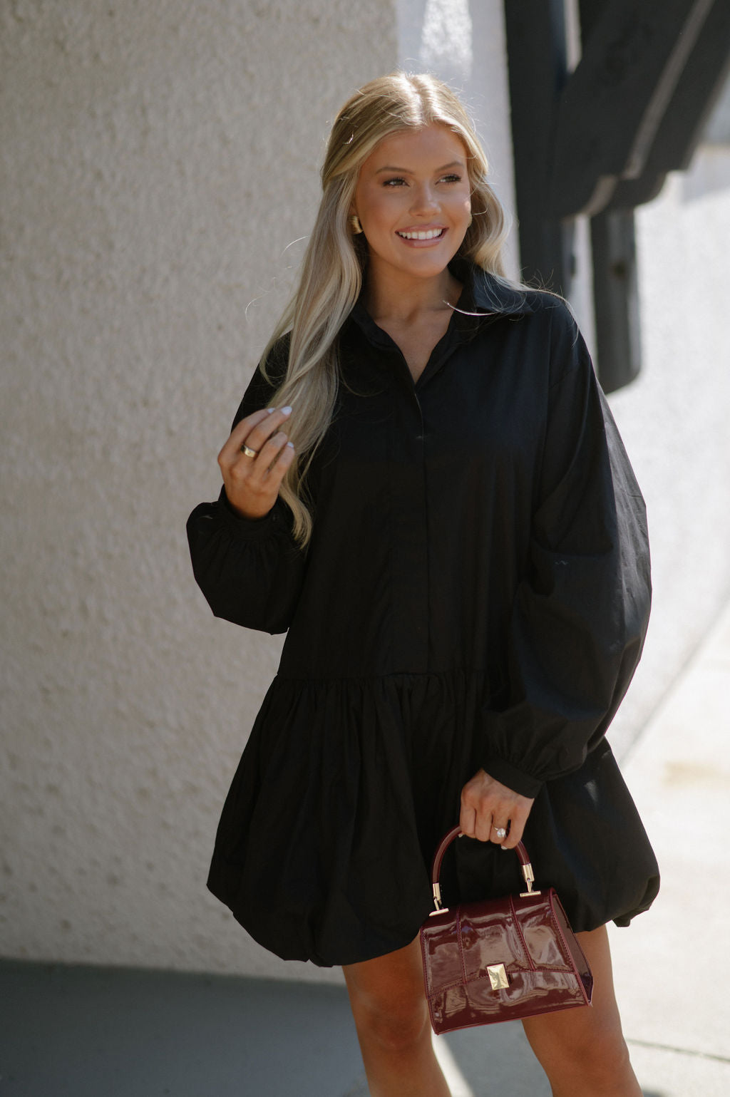 Bubble Hem Shirt Dress-Black